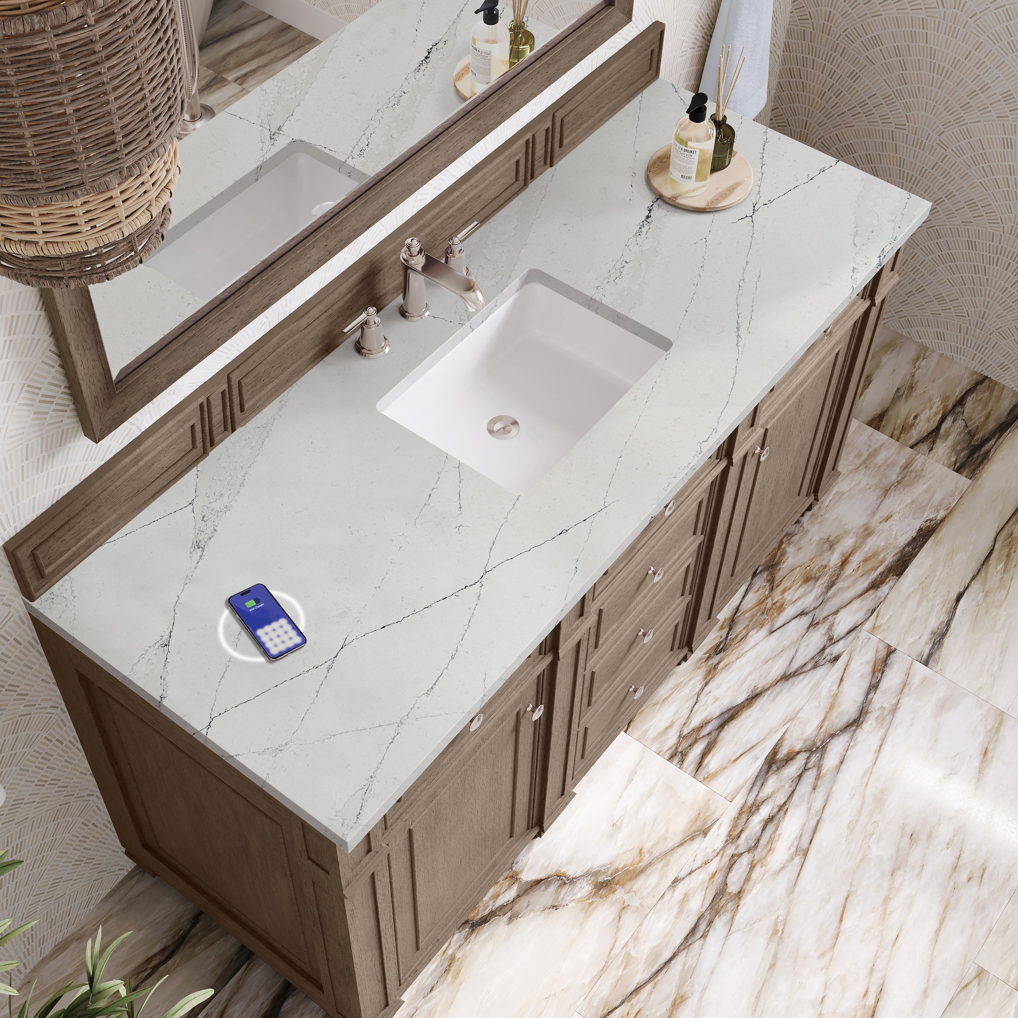 James Martin Bristol 60" Single Vanity in Whitewashed Walnut with 3cm Countertop and FreePower Wireless Charger