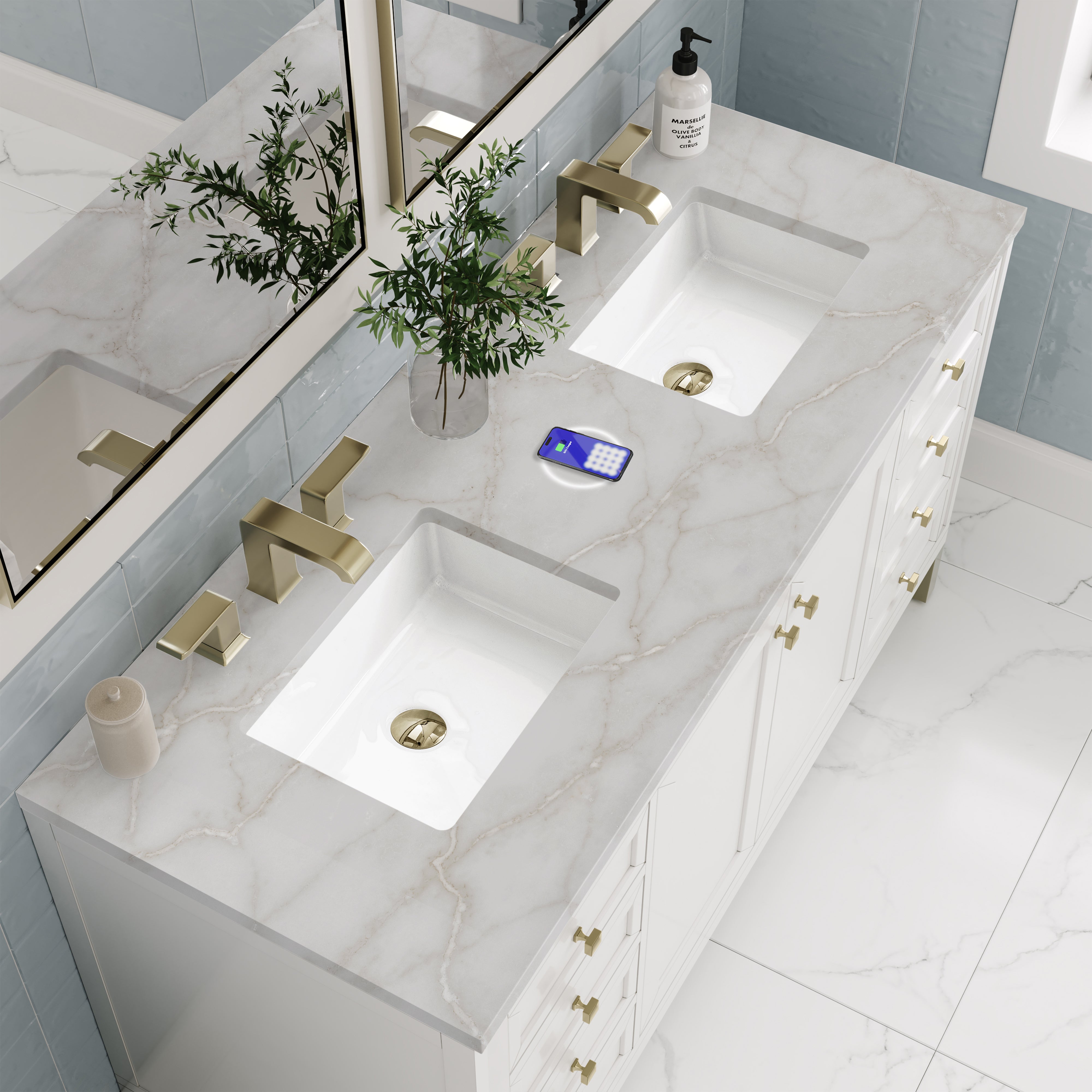 James Martin Chicago 60" Double Vanity in Glossy White with 3cm Countertop and FreePower Wireless Charger
