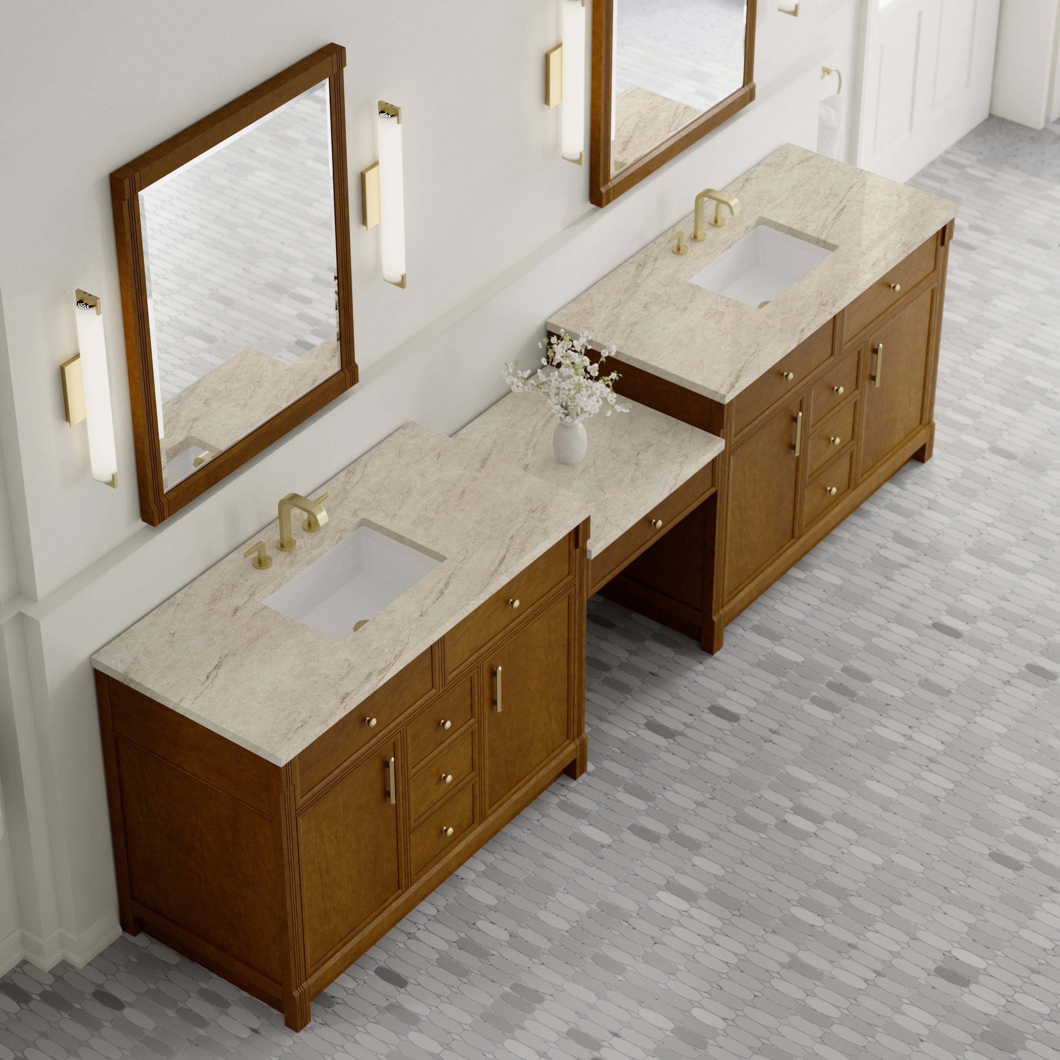 James Martin Bellshire 120" Dual Vanity Set with 24" Make-Up Counter in Honey Oak with 3cm Countertop