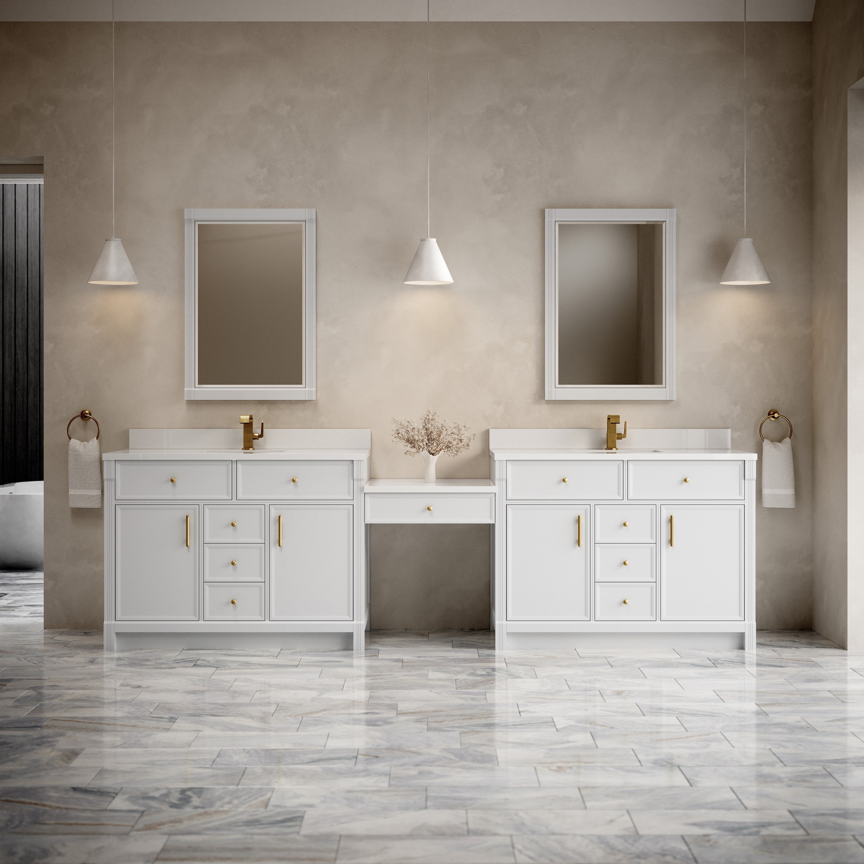 James Martin Bellshire 120" Dual Vanity Set with 24" Make-Up Counter in Bright White with 3cm Countertop