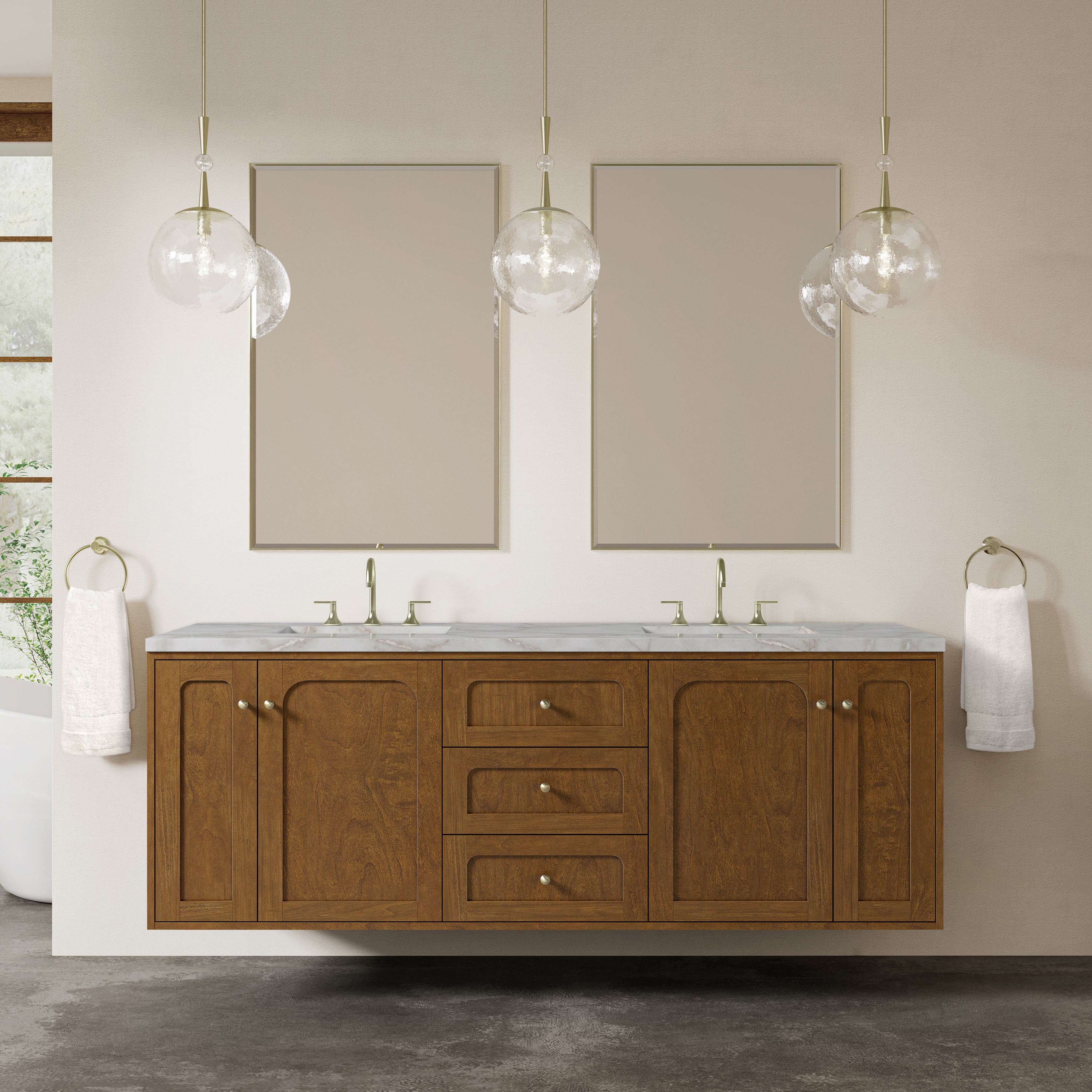 James Martin Laurent 72" Double Vanity in Honey Oak with 3cm Countertop and FreePower Wireless Charger