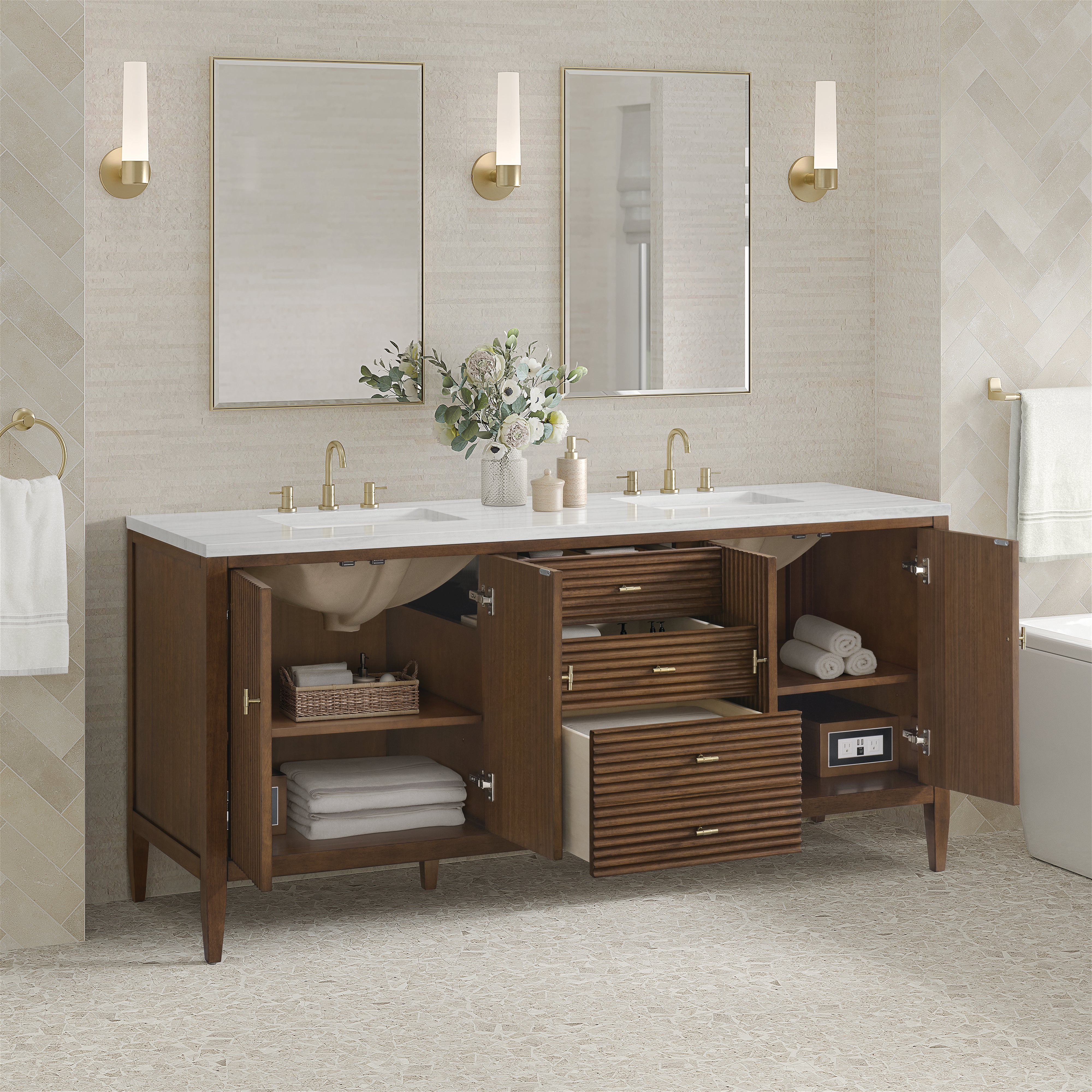 James Martin Myrrin 72" Double Vanity in Mid Century Walnut with 3cm Countertop