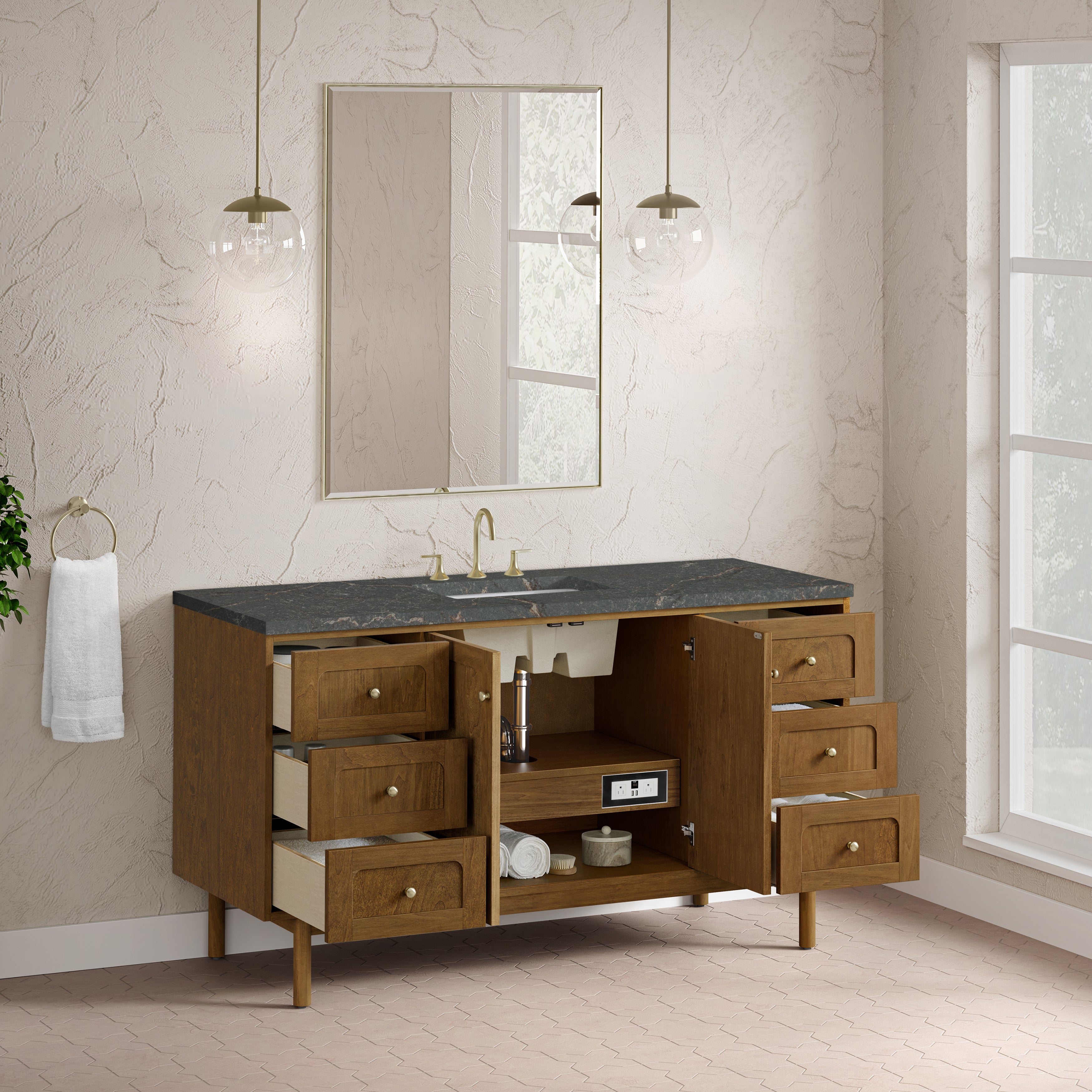 James Martin Laurent 60" Single Vanity in Honey Oak with 3cm Countertop and FreePower Wireless Charger