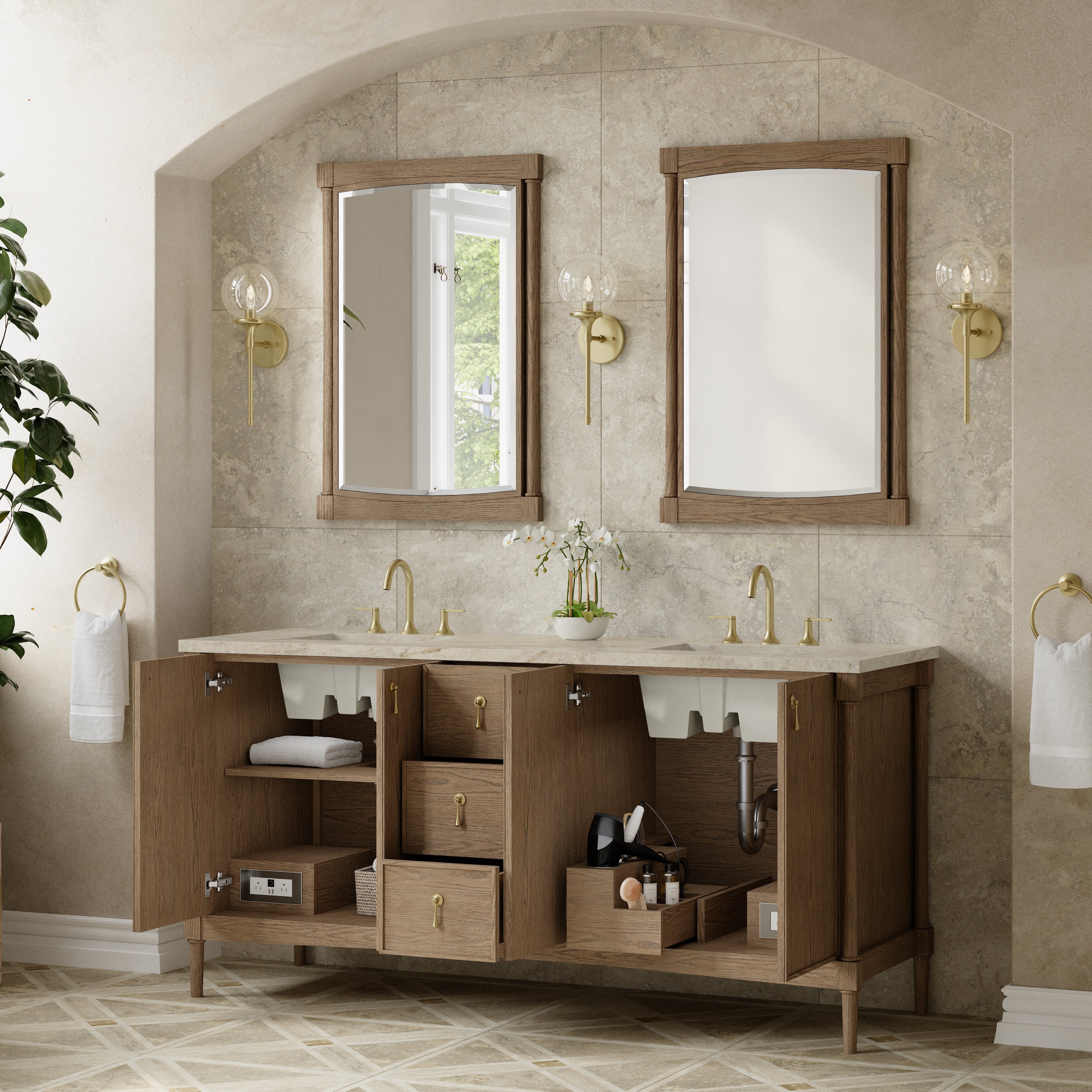 James Martin Kinnsden 72" Double Vanity in Weathered Oak with 3cm Carrara Marble Top