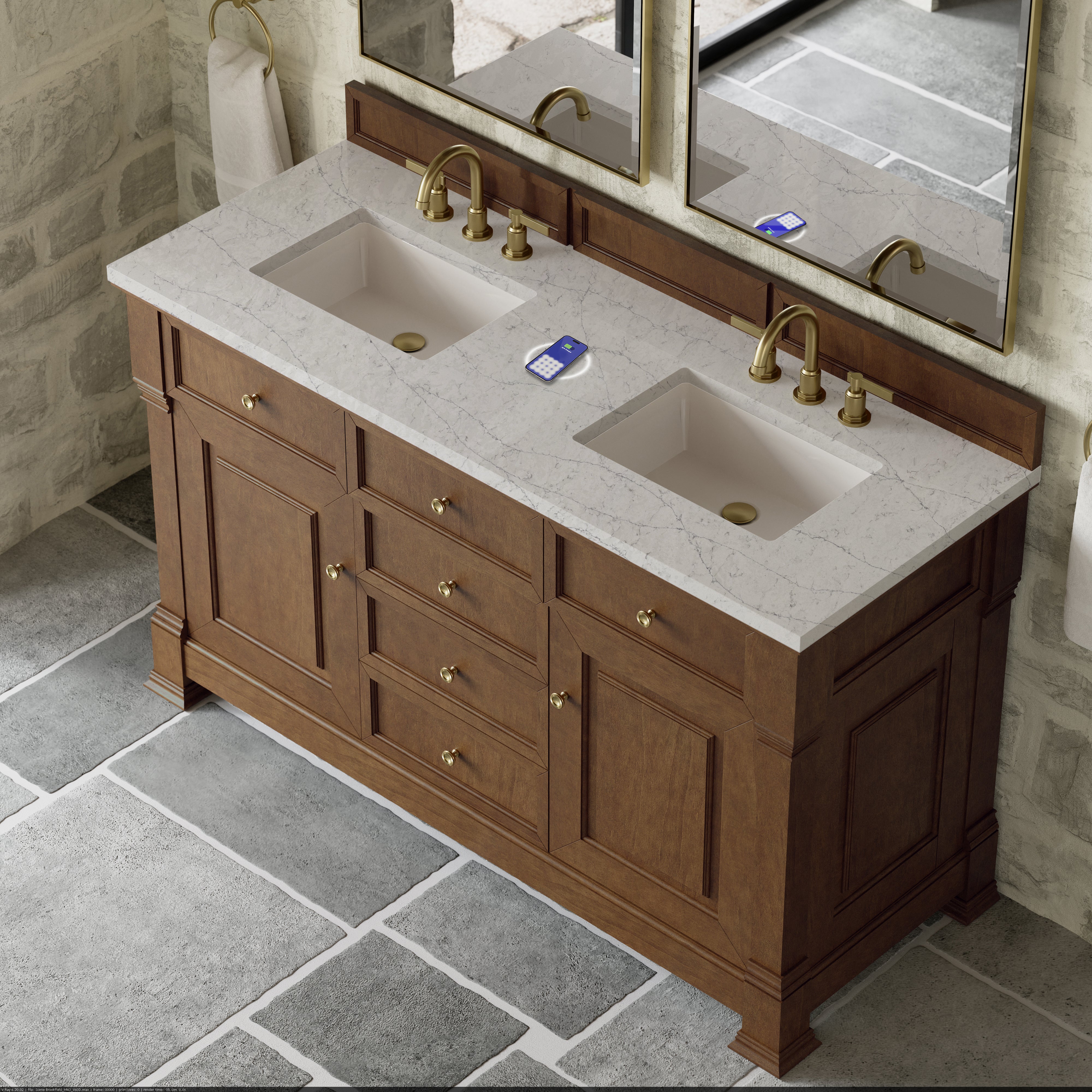James Martin Brookfield 60" Double Vanity in Honey Oak with 3cm Countertop and FreePower Wireless Charger