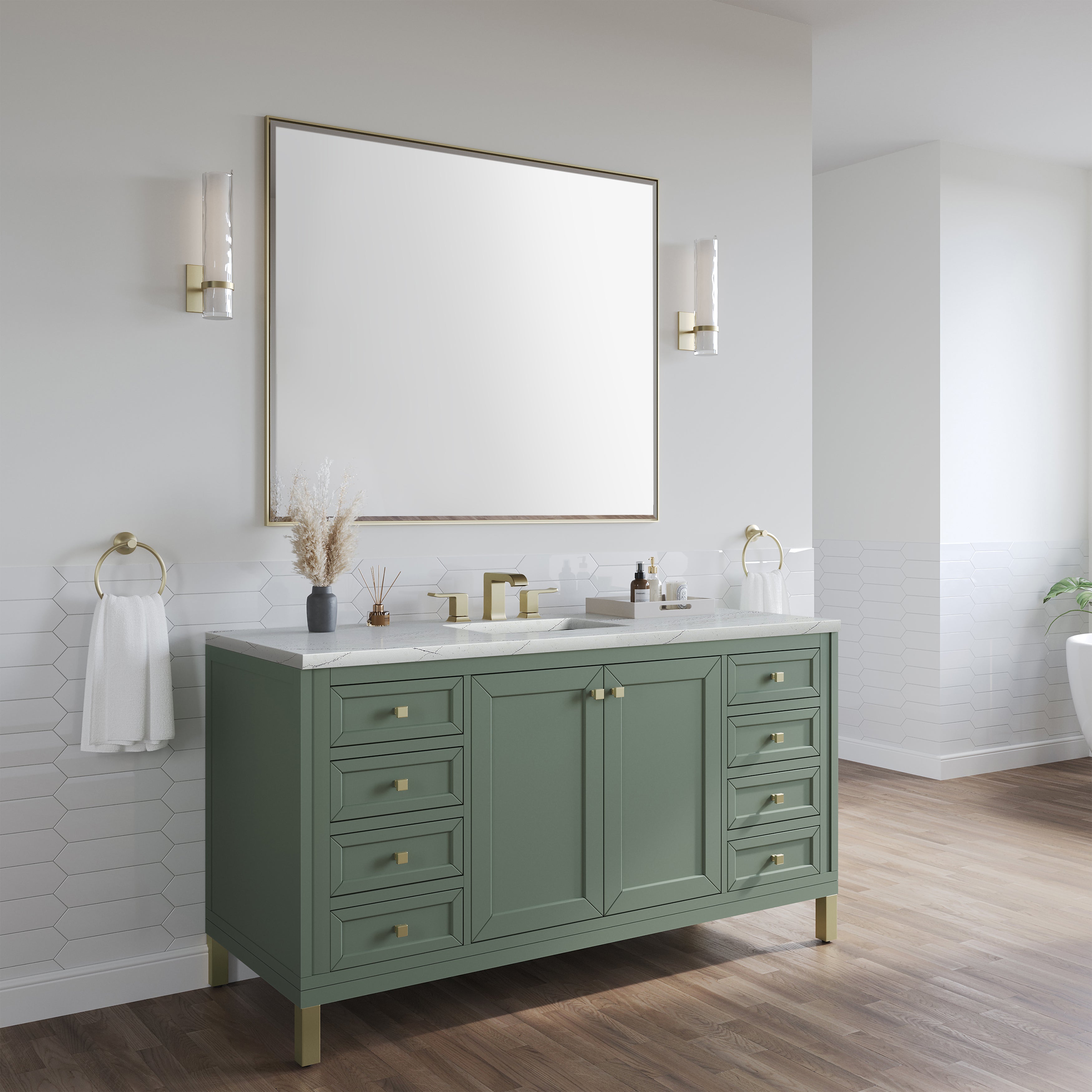 James Martin Chicago 60" Single Vanity in Smokey Celadon with 3cm Countertop and FreePower Wireless Charger