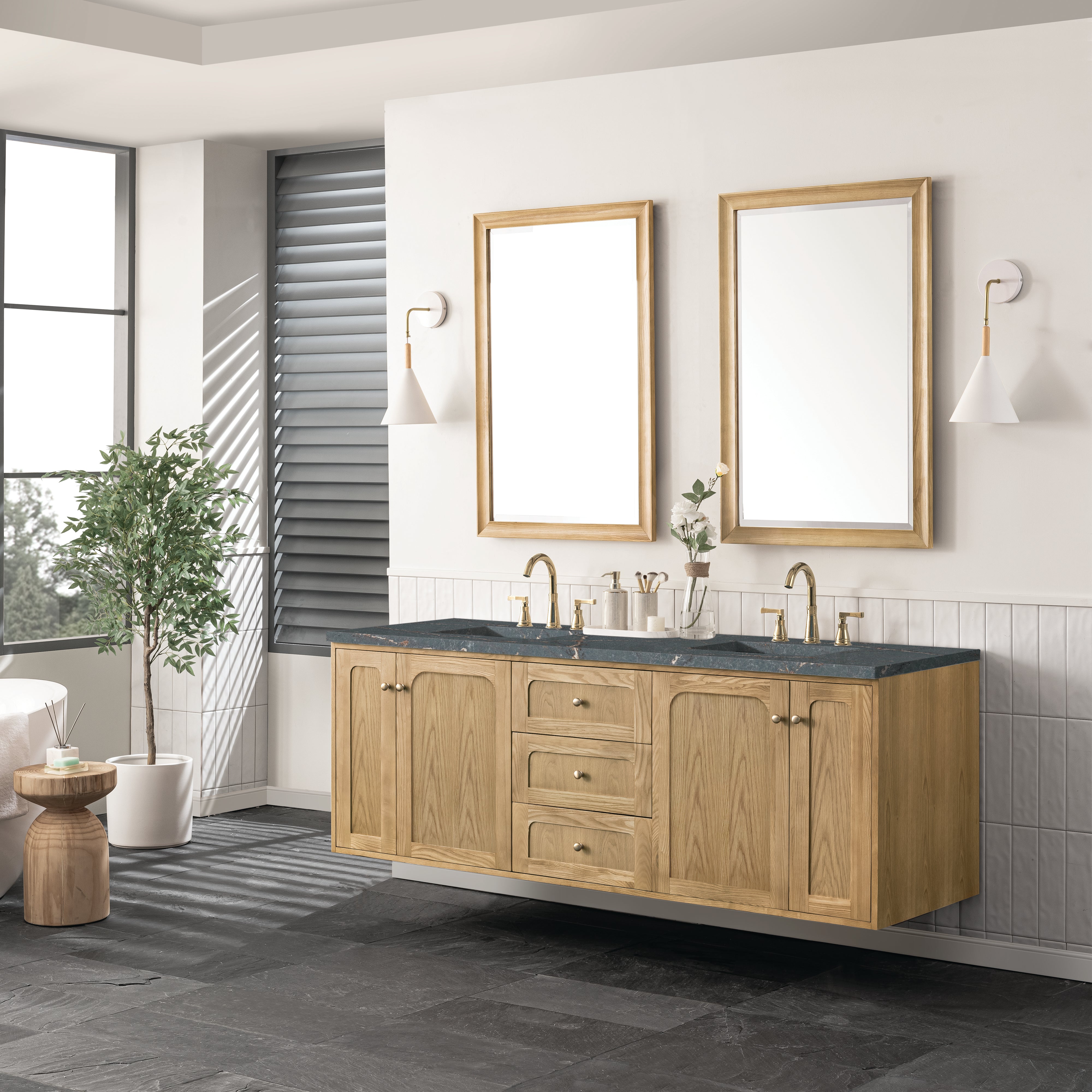 James Martin Laurent 72" Double Vanity in Light Natural Oak with 3cm Countertop and FreePower Wireless Charger