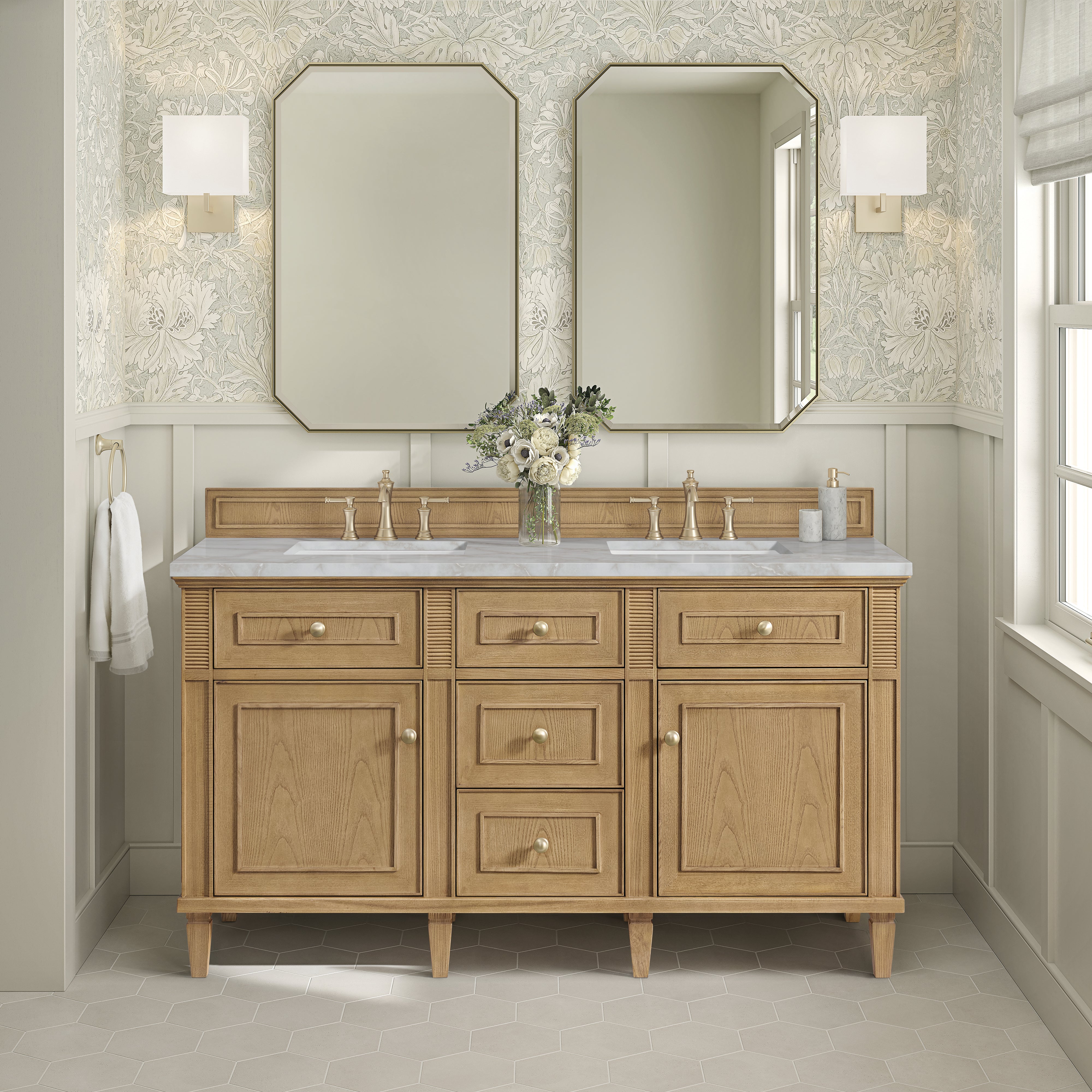 James Martin Lorelai 60" Double Vanity in Light Natural Oak with 3cm Countertop and FreePower Wireless Charger