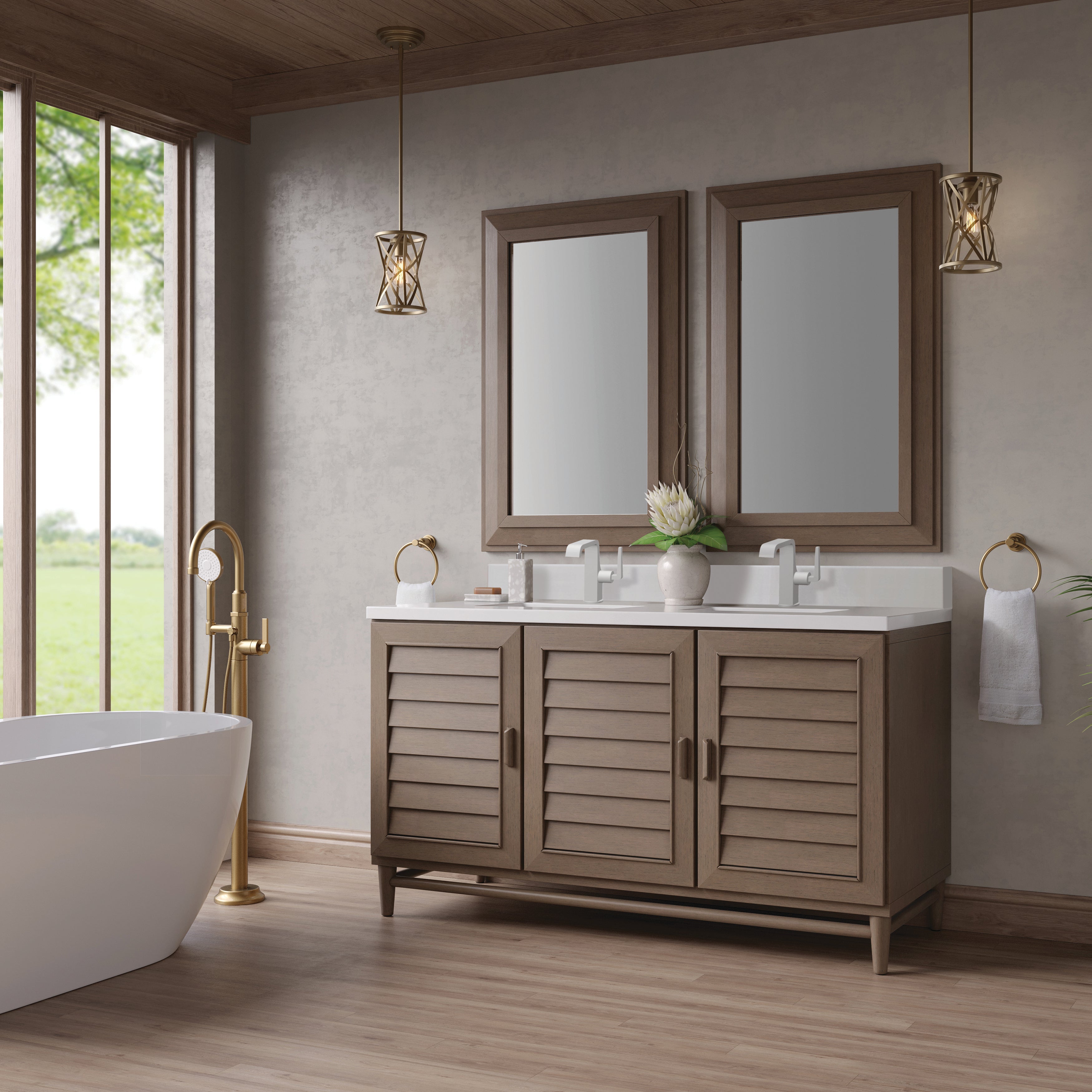 James Martin Portland 60" Double Vanity in Whitewashed Walnut with 3cm Countertop