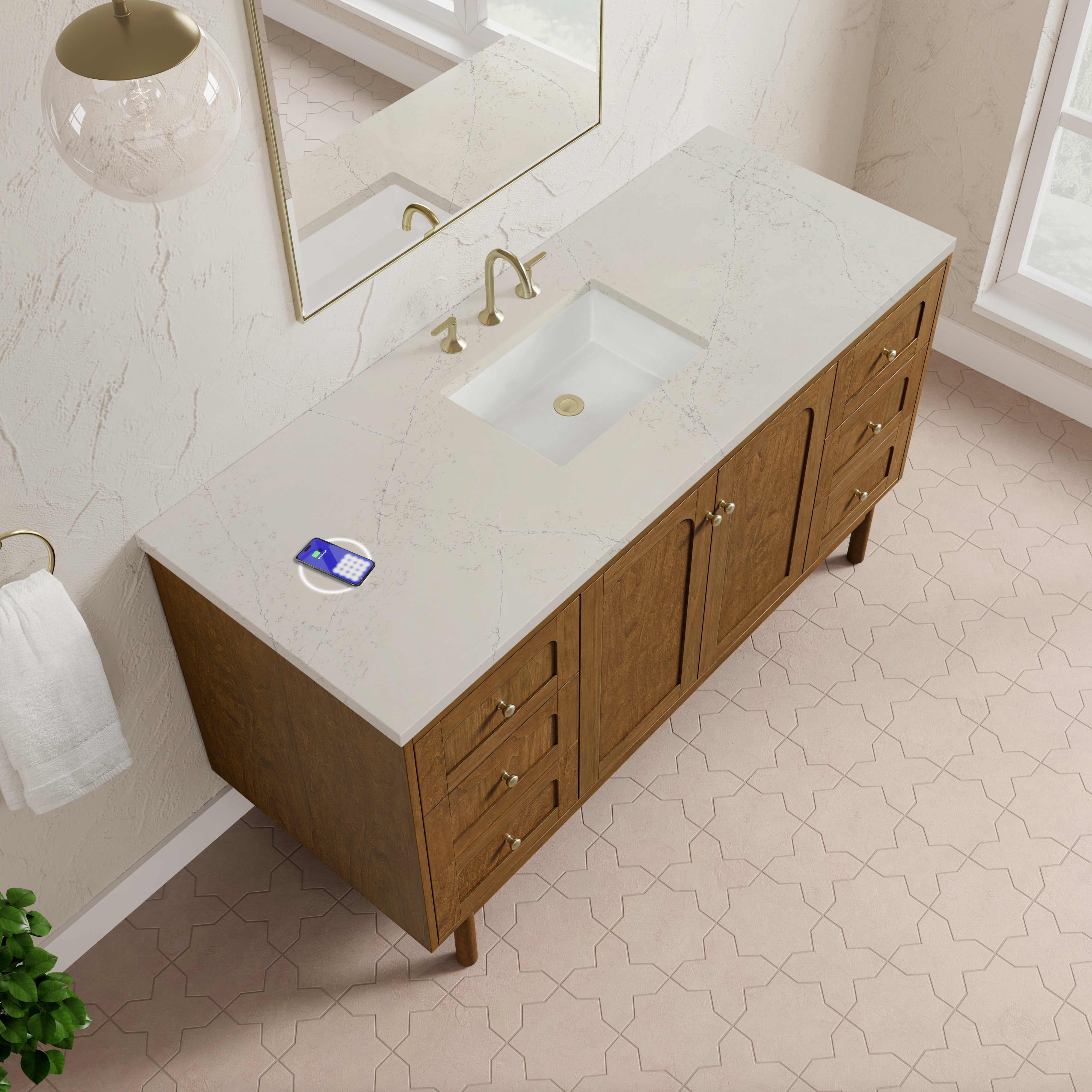 James Martin Laurent 60" Single Vanity in Honey Oak with 3cm Countertop and FreePower Wireless Charger