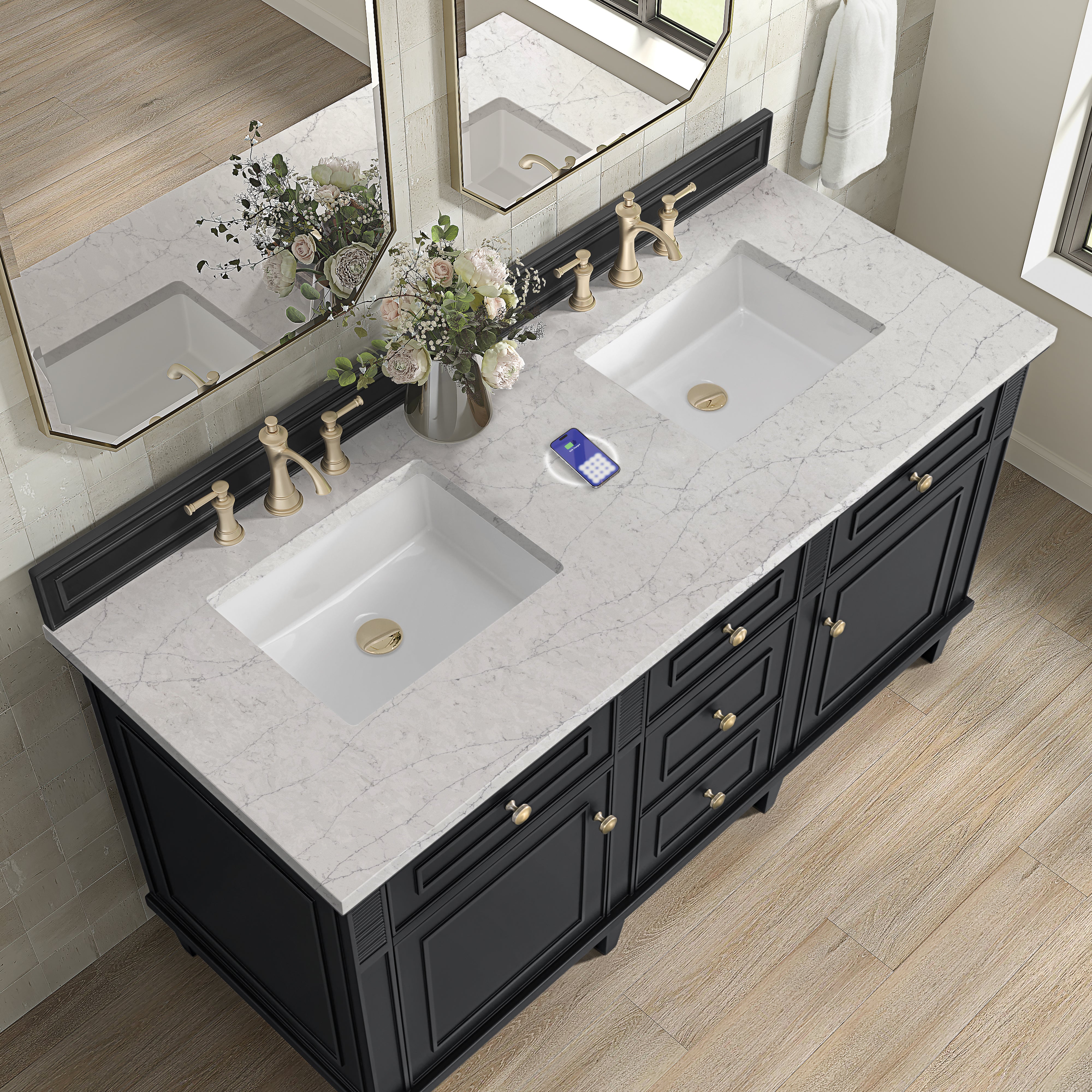James Martin Lorelai 60" Double Vanity in Black Onyx with 3cm Countertop and FreePower Wireless Charger