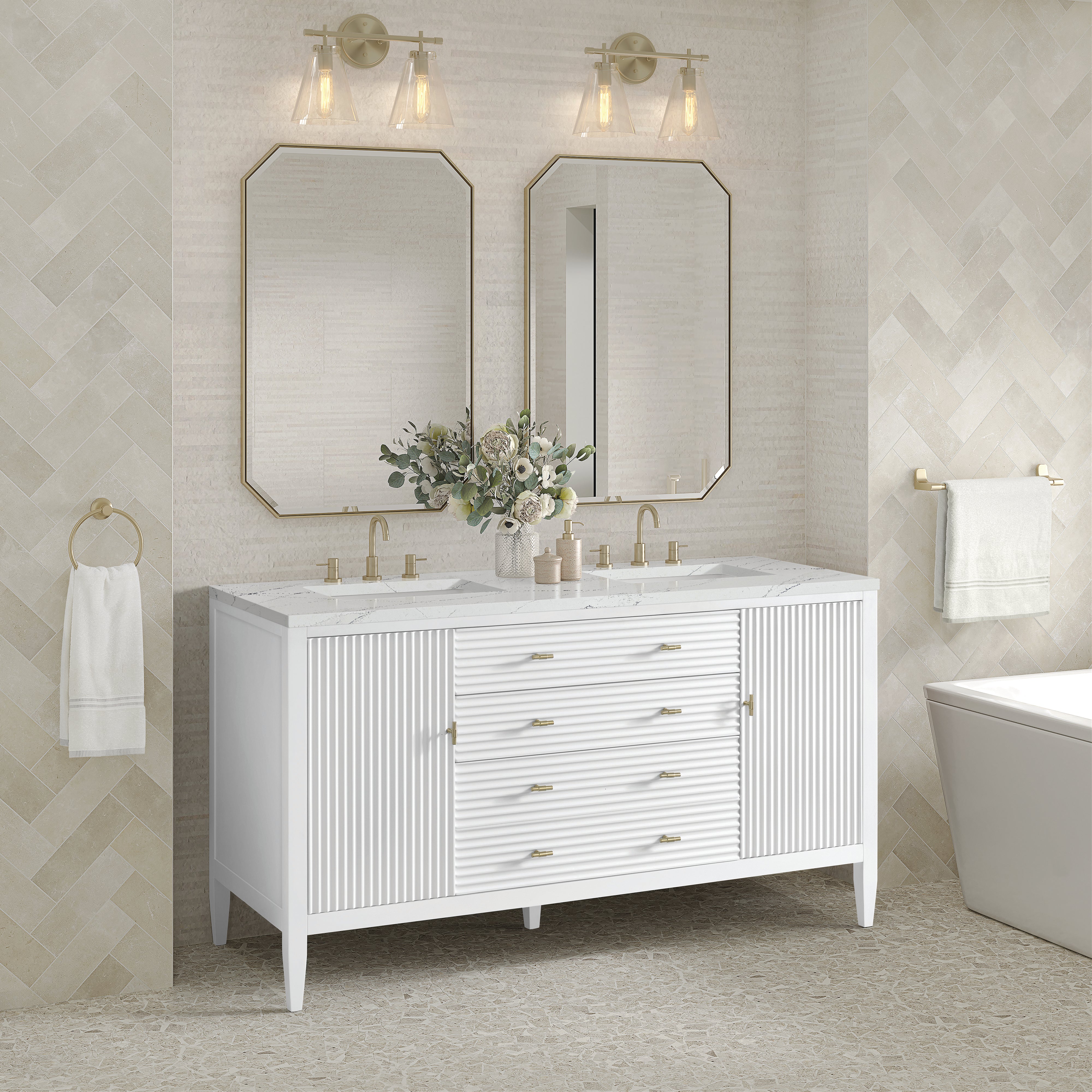 James Martin Myrrin 60" Double Vanity in Bright White with 3cm Countertop and FreePower Wireless Charger