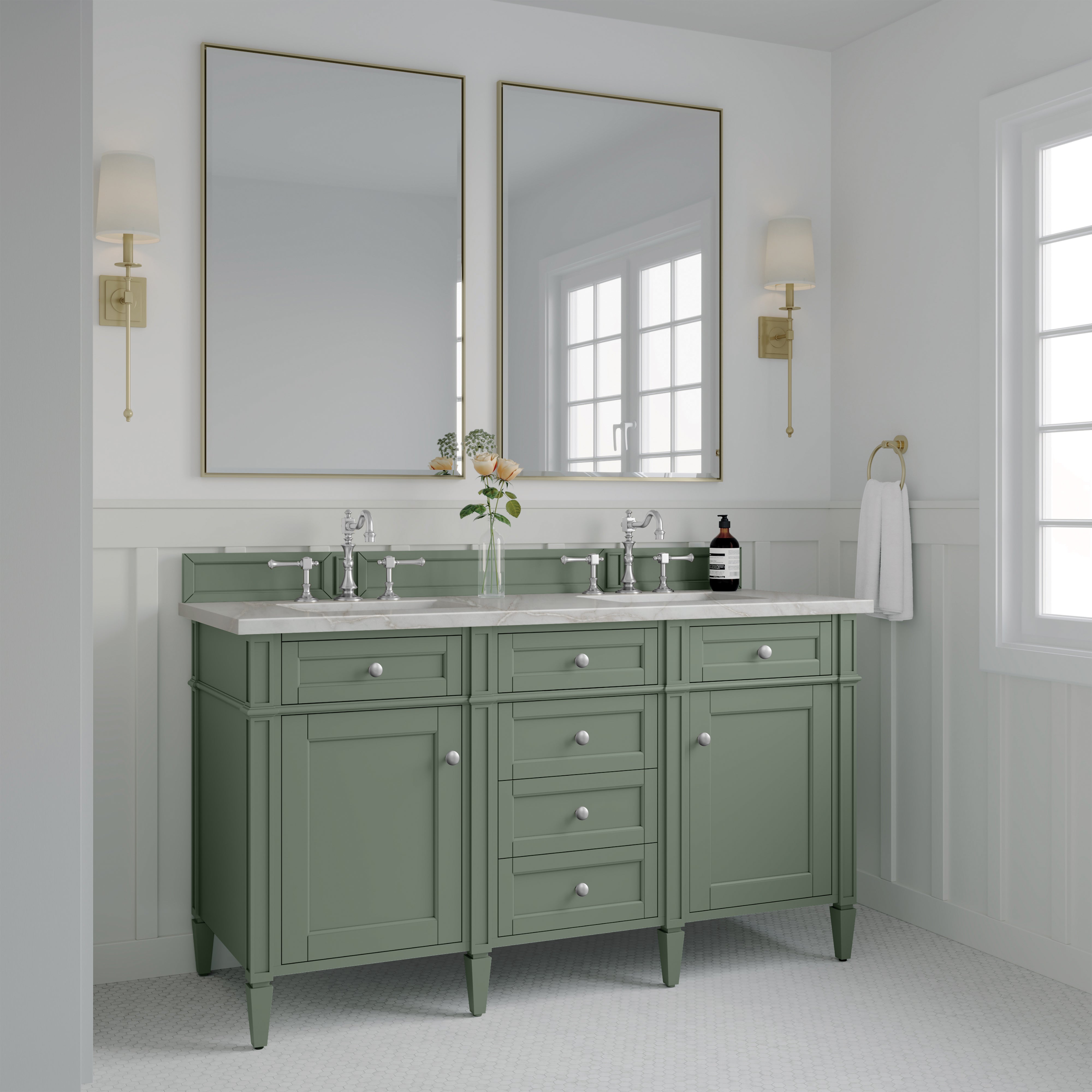 James Martin Brittany 60" Double Vanity in Smokey Celadon with 3cm Countertop and FreePower Wireless Charger