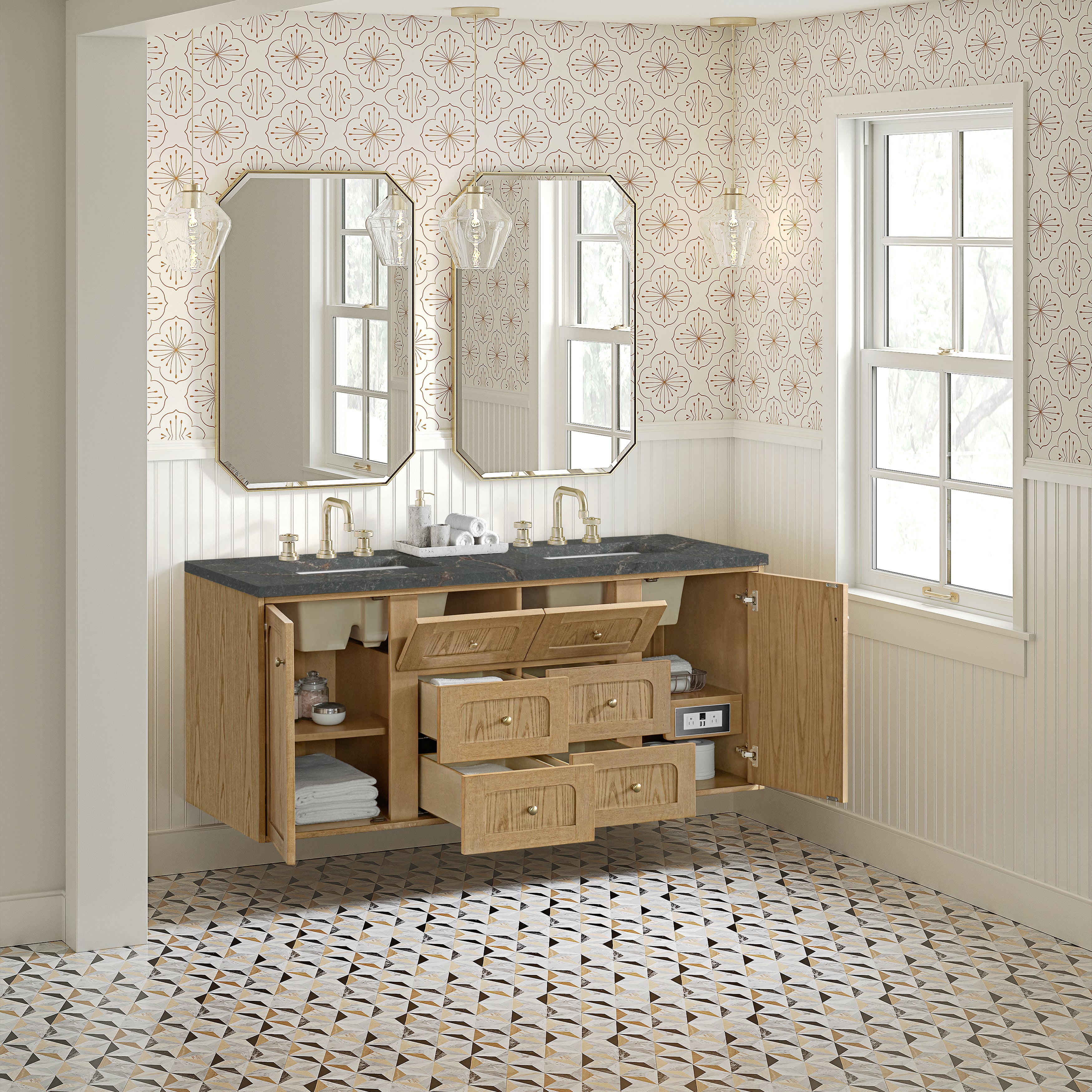 James Martin Laurent 60" Double Vanity in Light Natural Oak with 3cm Countertop and FreePower Wireless Charger