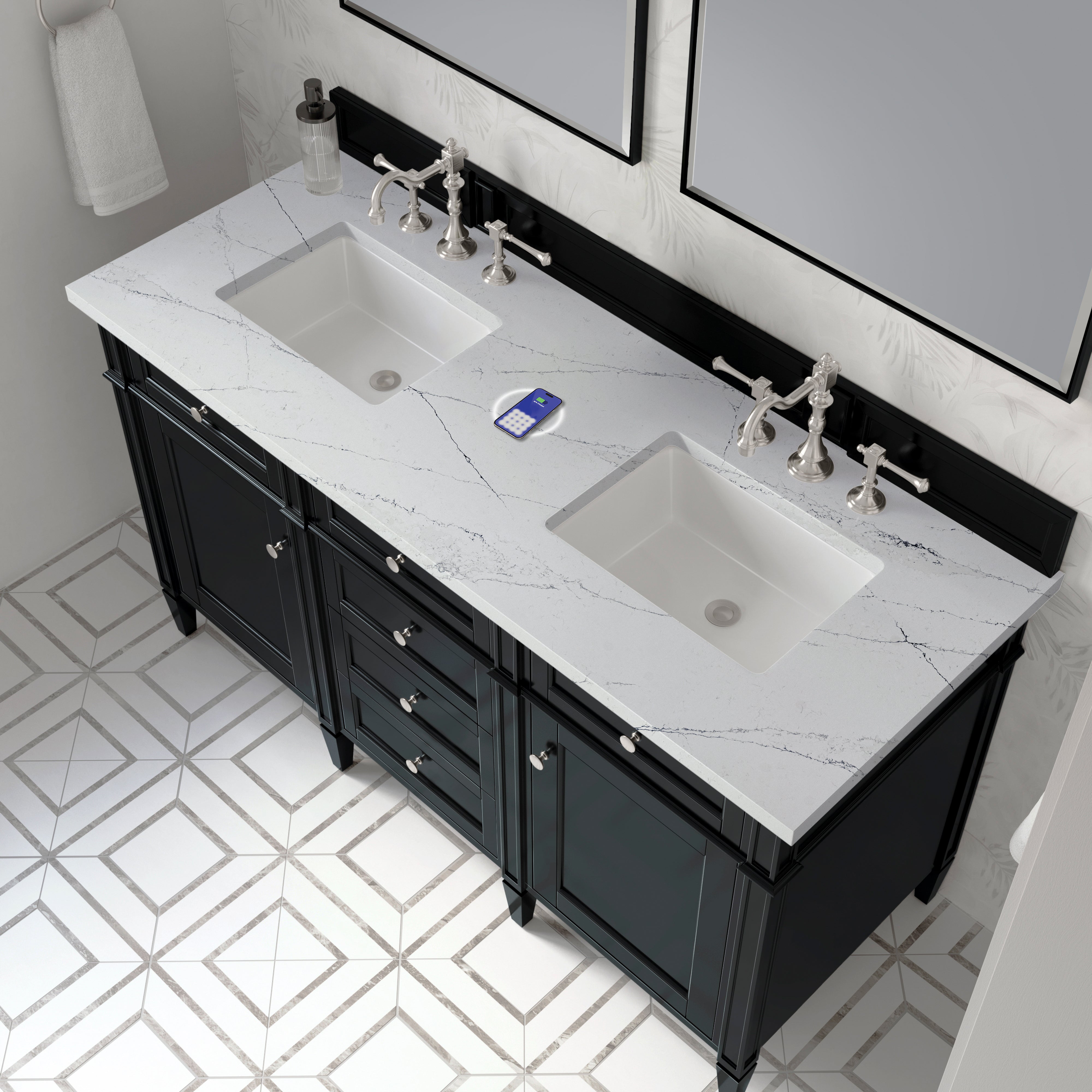 James Martin Brittany 60" Double Vanity in Black Onyx with 3cm Countertop and FreePower Wireless Charger
