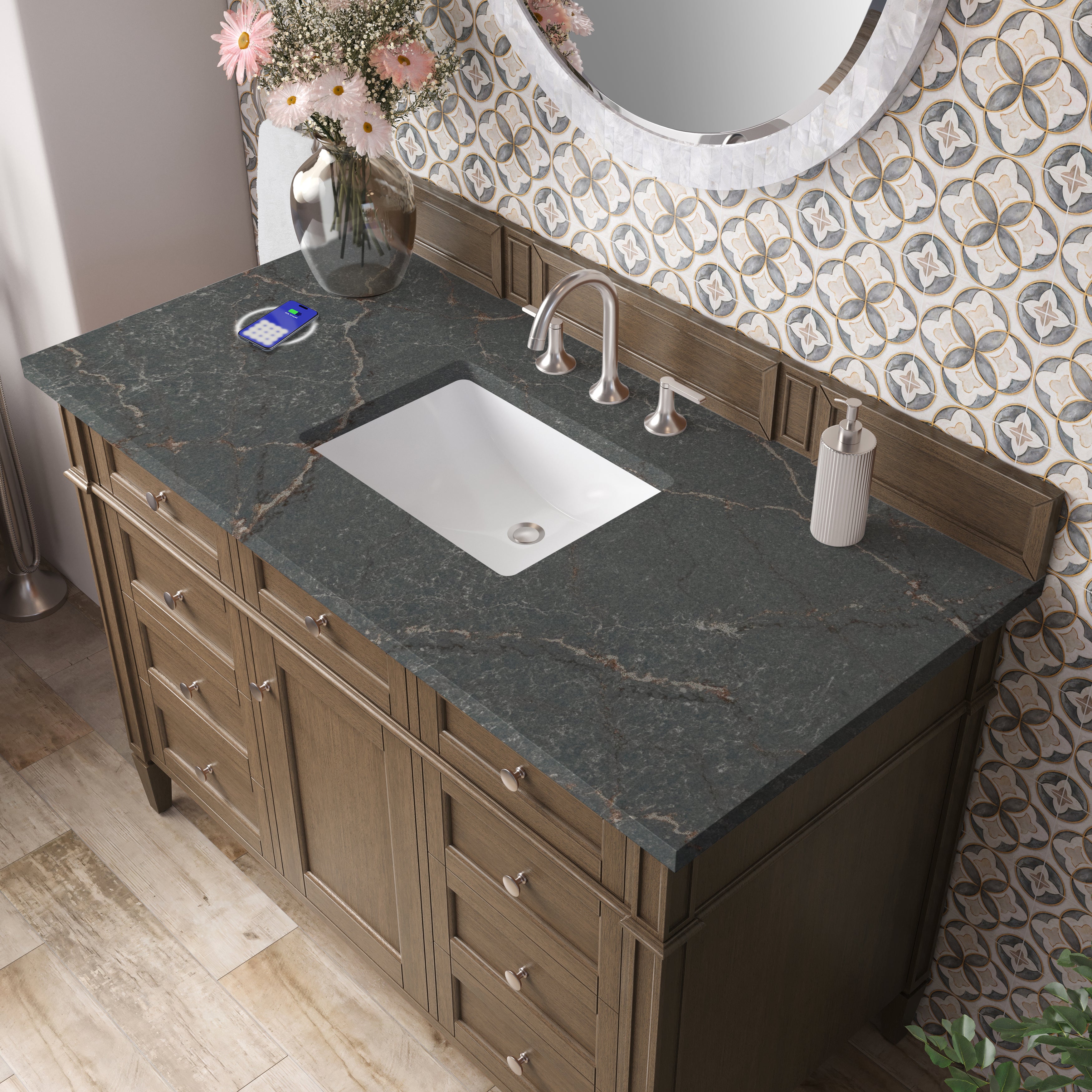 James Martin Brittany 48" Single Vanity in Saddle Brown with with 3cm Countertop and FreePower Wireless Charger