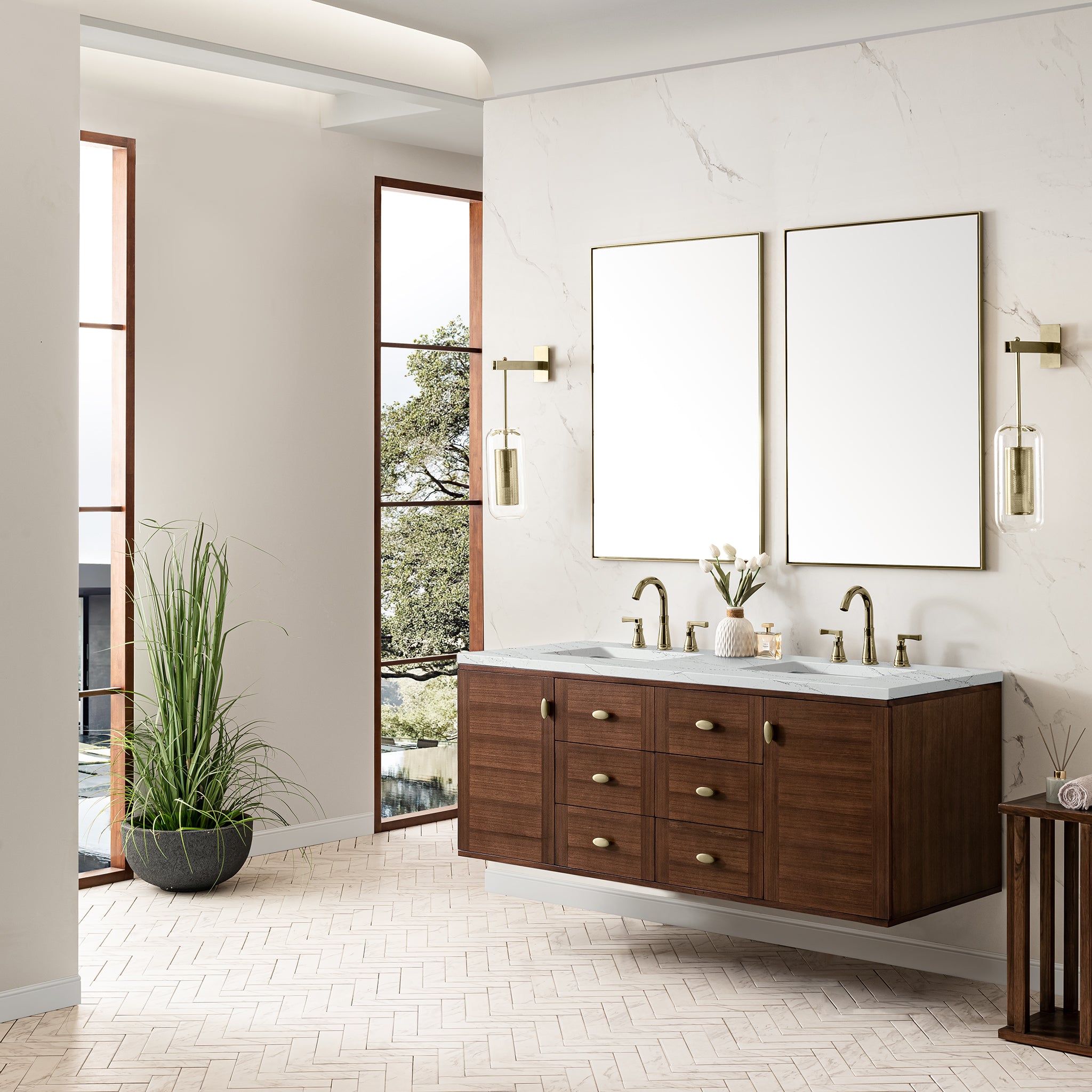 James Martin Amberly 60" Double Vanity in Mid-Century Walnut with 3cm Countertop and FreePower Wireless Charger