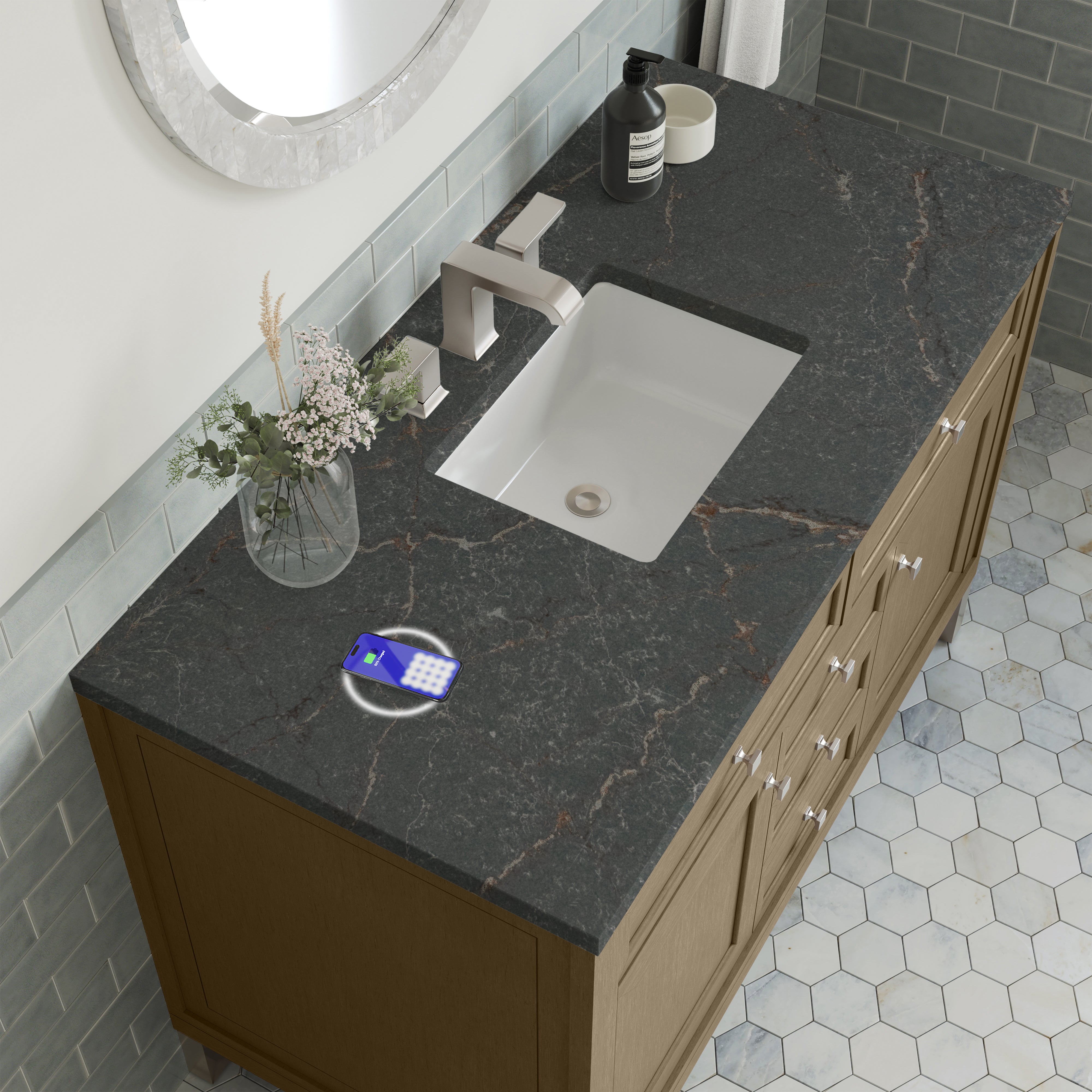 James Martin Chicago 48" Single Vanity in Walnut Whisper with 3cm Countertop and FreePower Wireless Charger