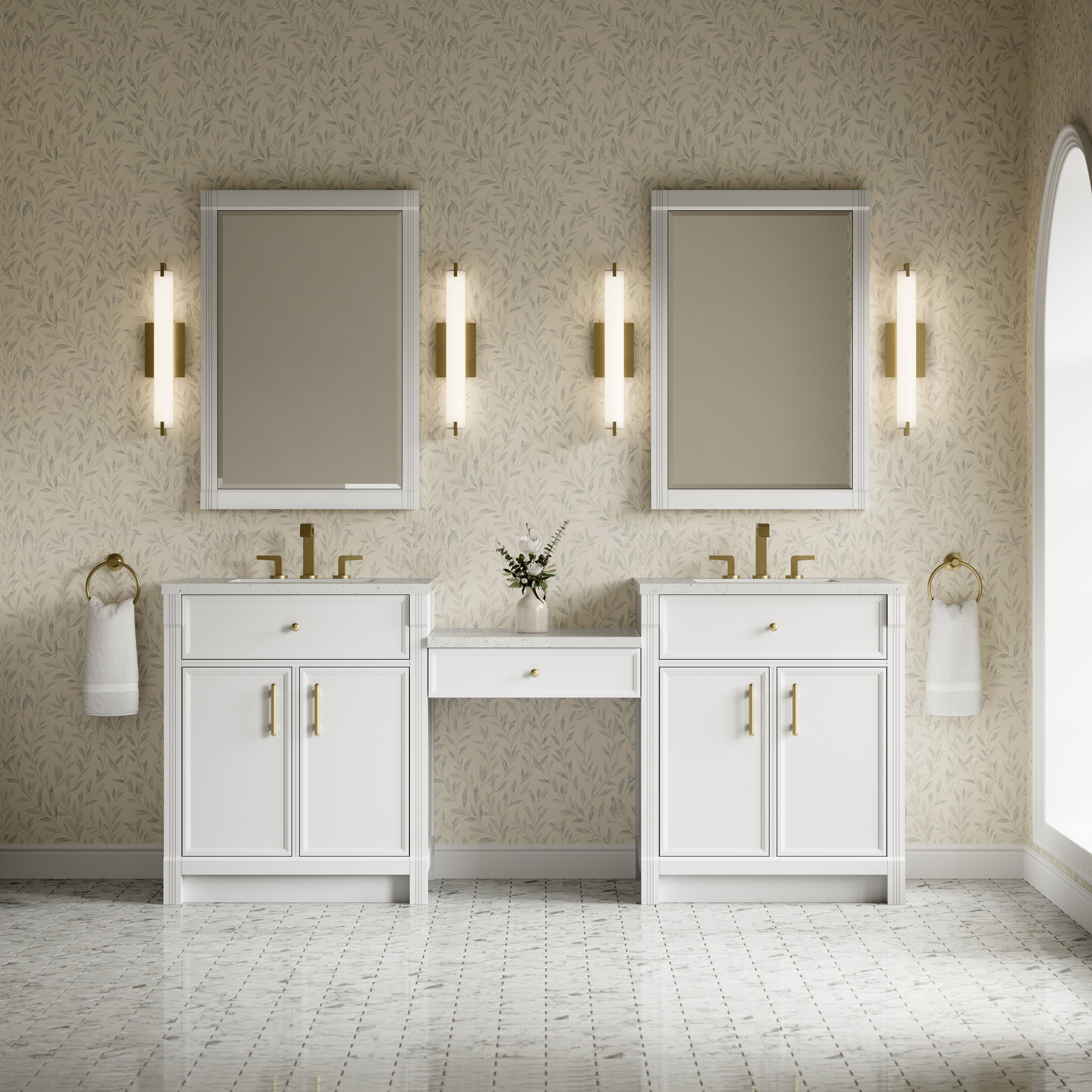 James Martin Bellshire 84" Dual Vanity Set with 24" Make-Up Counter in Bright White with 3cm Countertop