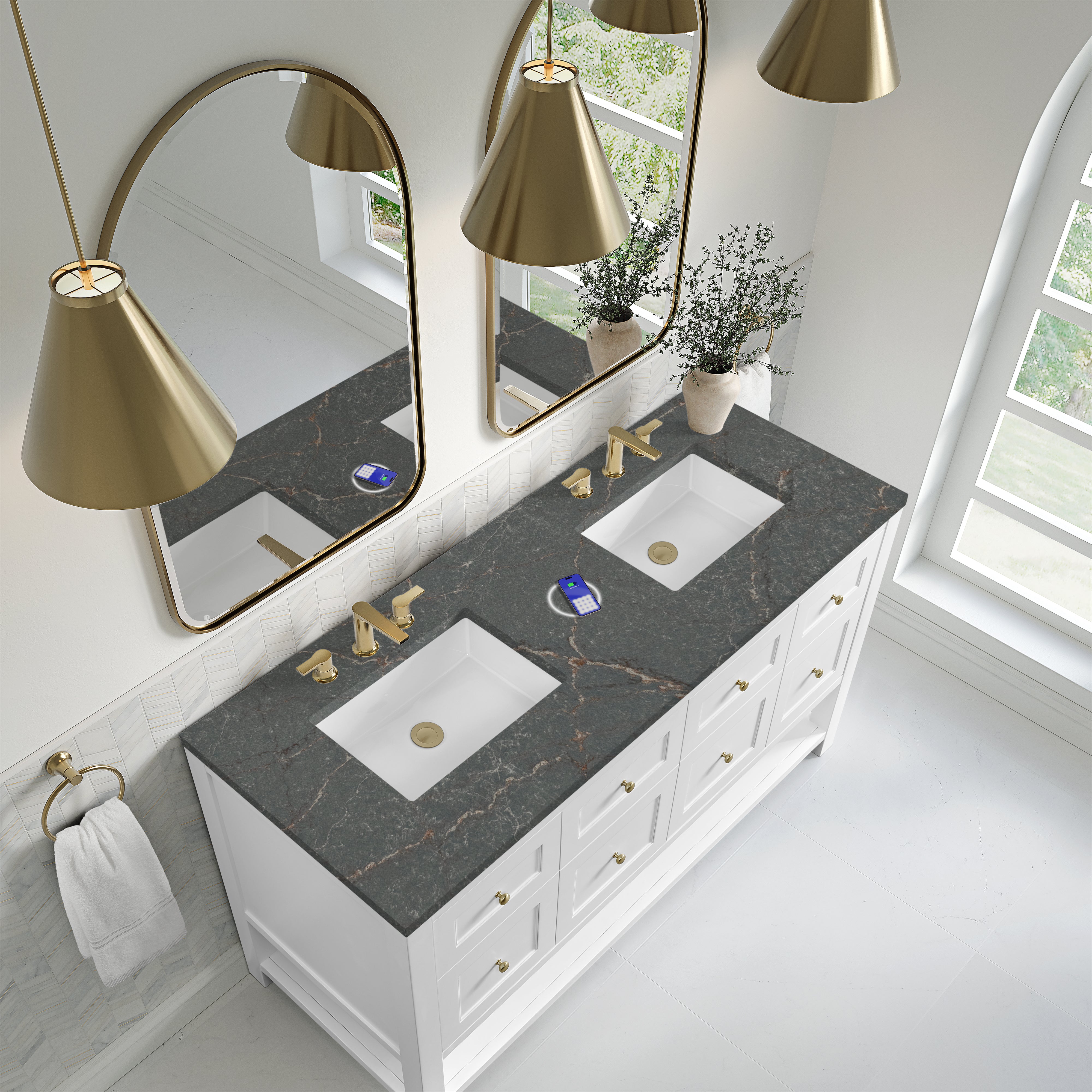 James Martin Breckenridge 60" Double Vanity in Bright White with 3cm Countertop and FreePower Wireless Charger
