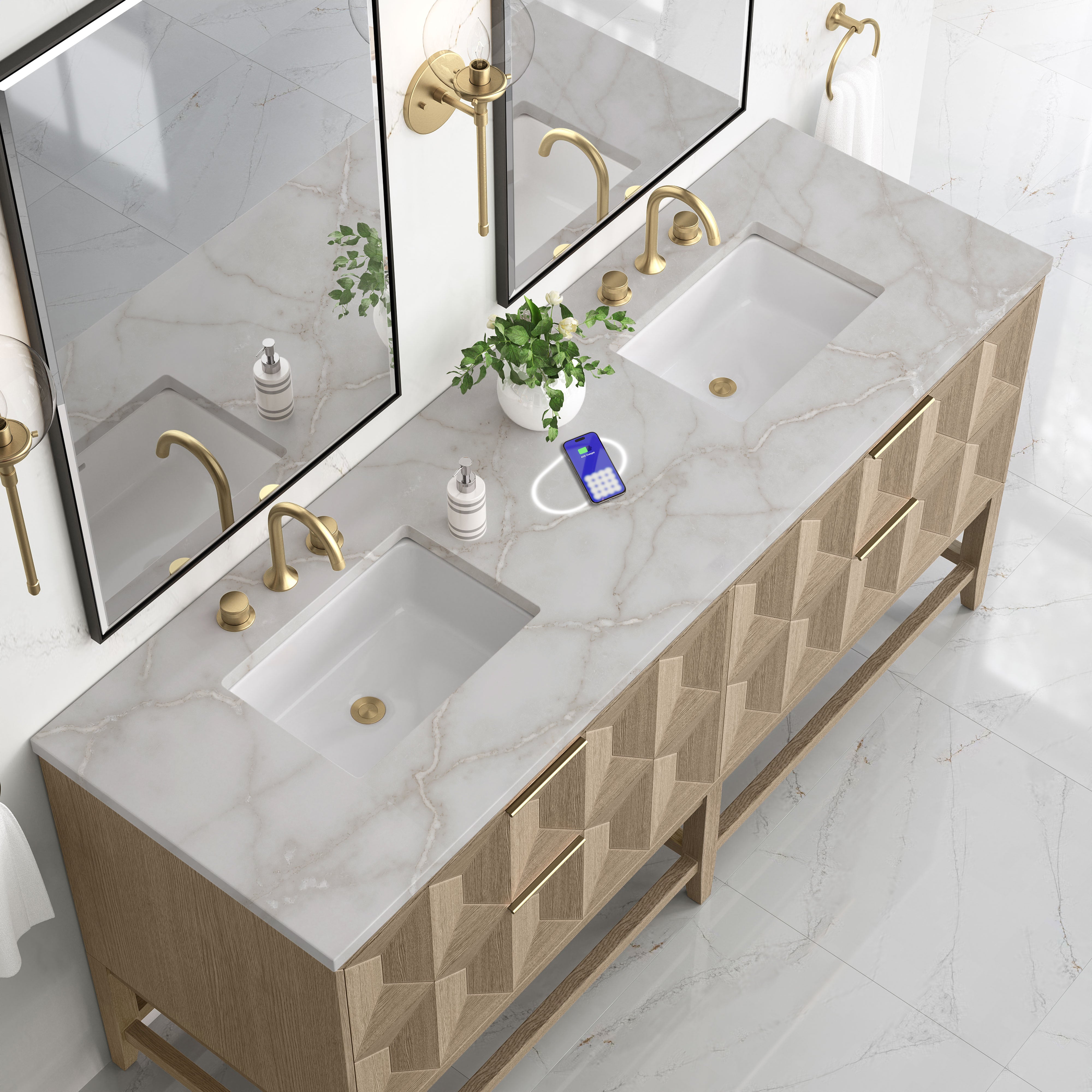 James Martin Emmeline 72" Double Vanity in Pebble Oak with 3cm Countertop and FreePower Wireless Charger