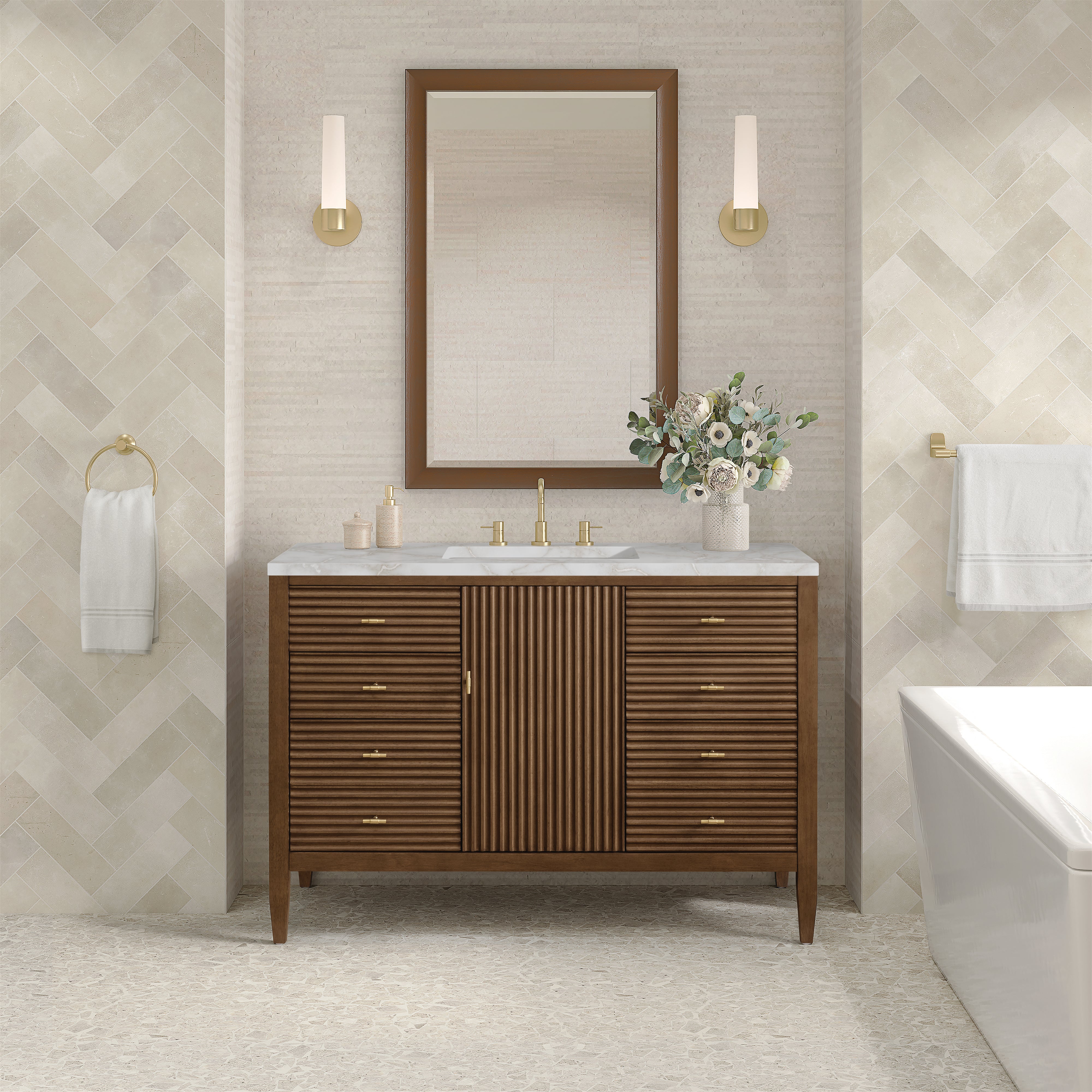 James Martin Myrrin 48" Single Vanity in Mid Century Walnut with 3cm Countertop and FreePower Wireless Charger