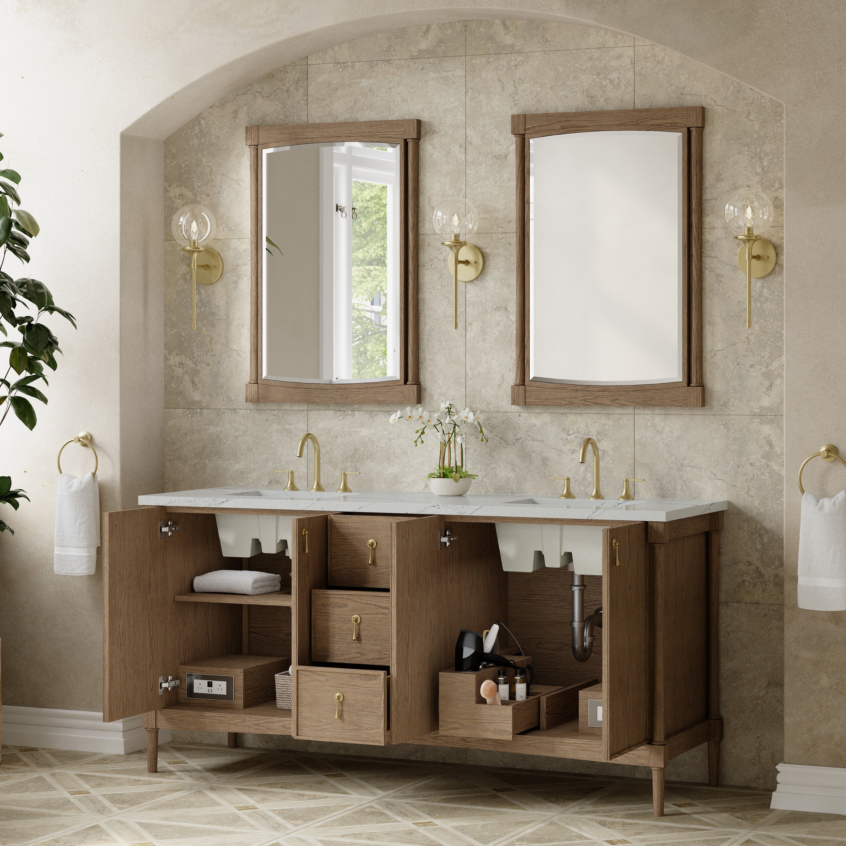 James Martin Kinnsden 72" Double Vanity in Weathered Oak with 3cm Carrara Marble Top