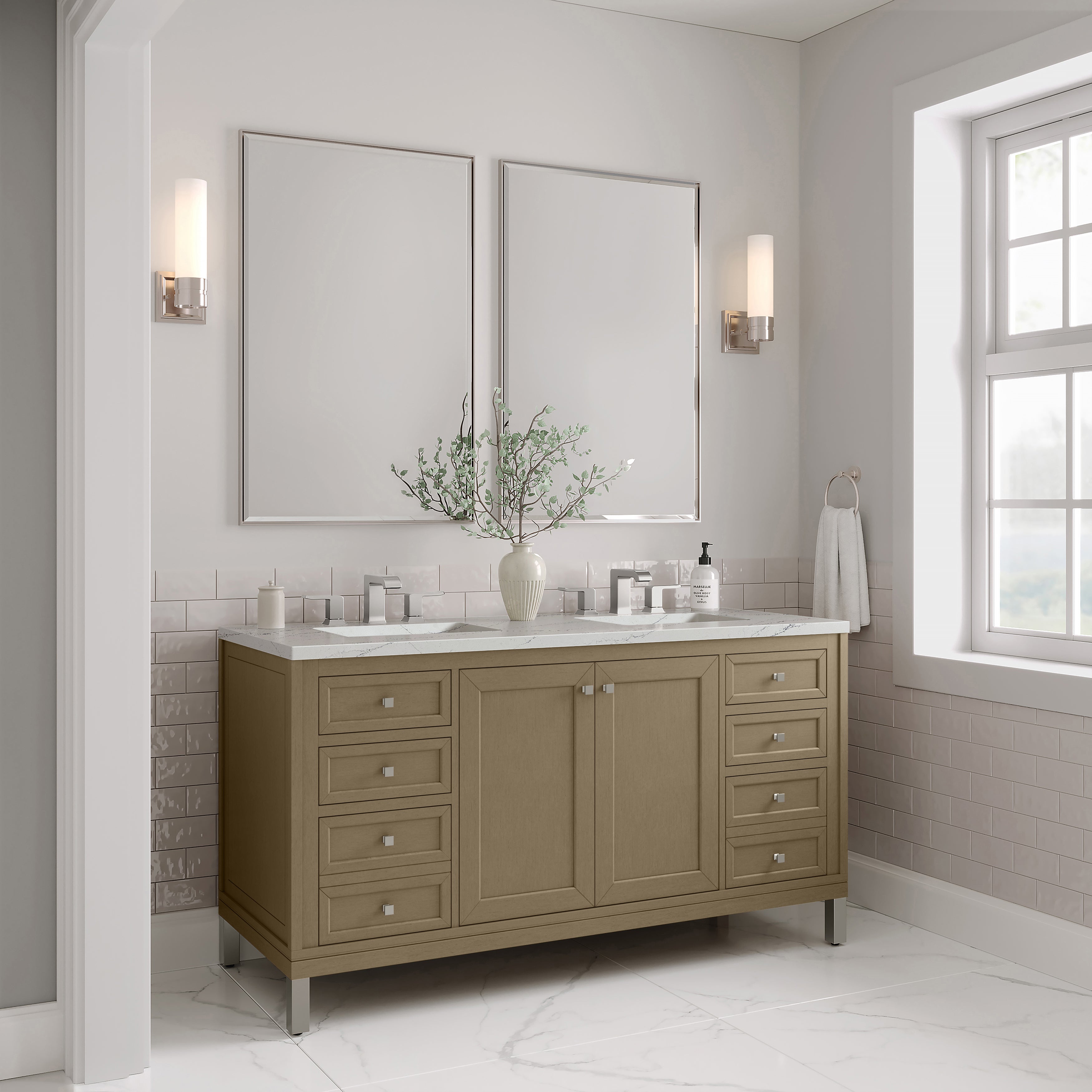 James Martin Chicago 60" Double Vanity in Walnut Whisper with 3cm Countertop and FreePower Wireless Charger