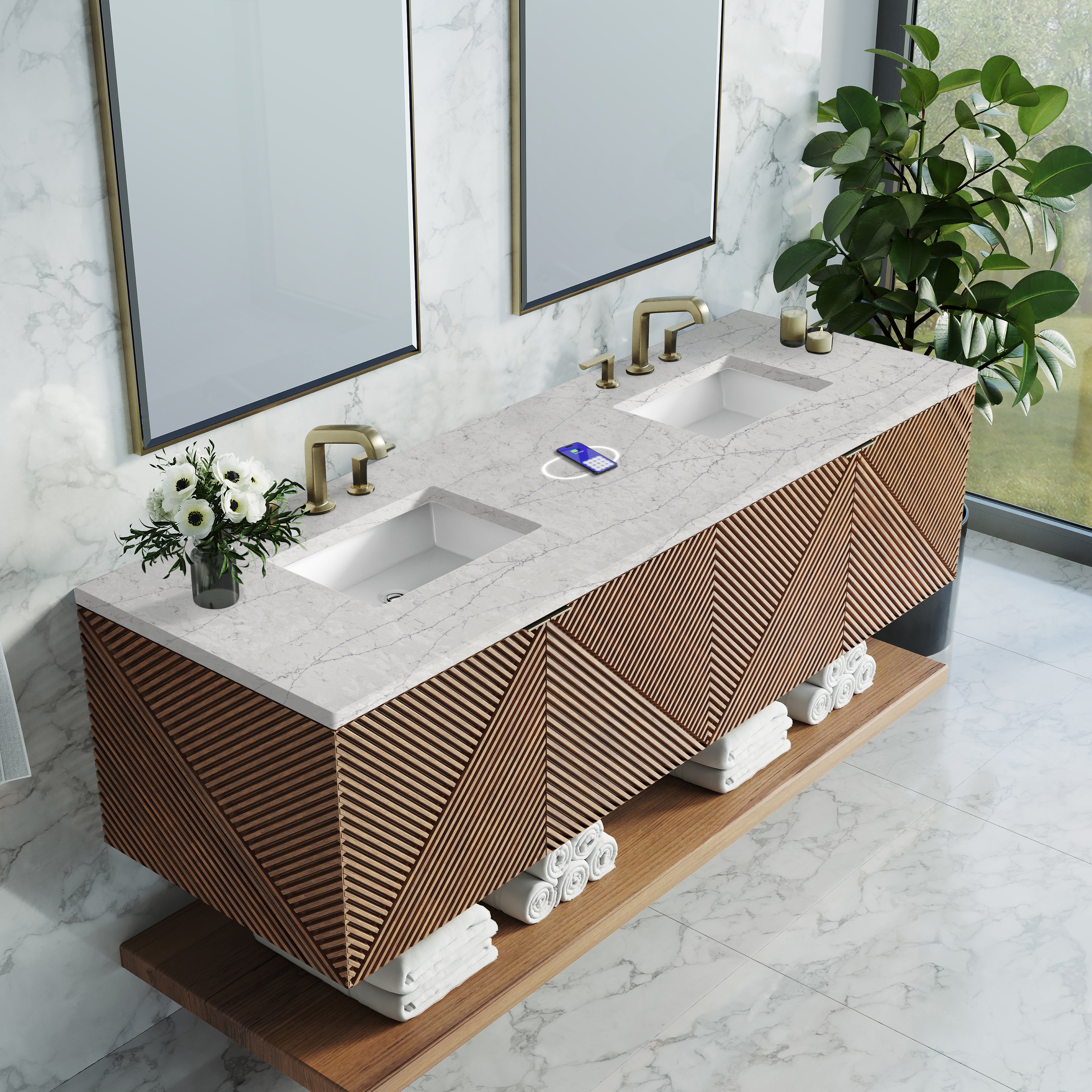 James Martin Marcello 72" Double Vanity in Chestnut with 3cm Countertop and FreePower Wireless Charger