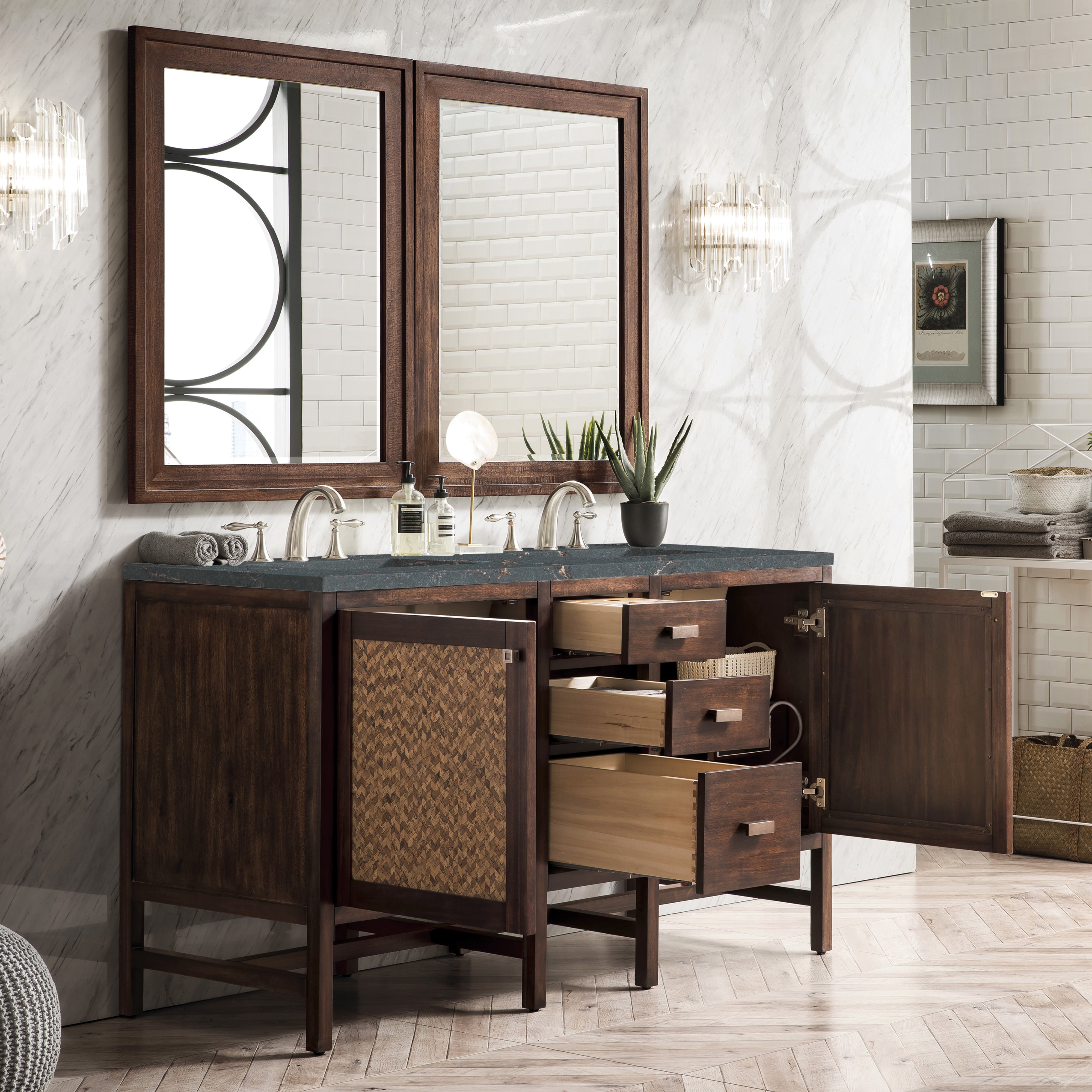 James Martin Addison 60" Double Vanity in Mid-Century Acacia with 3cm Countertop