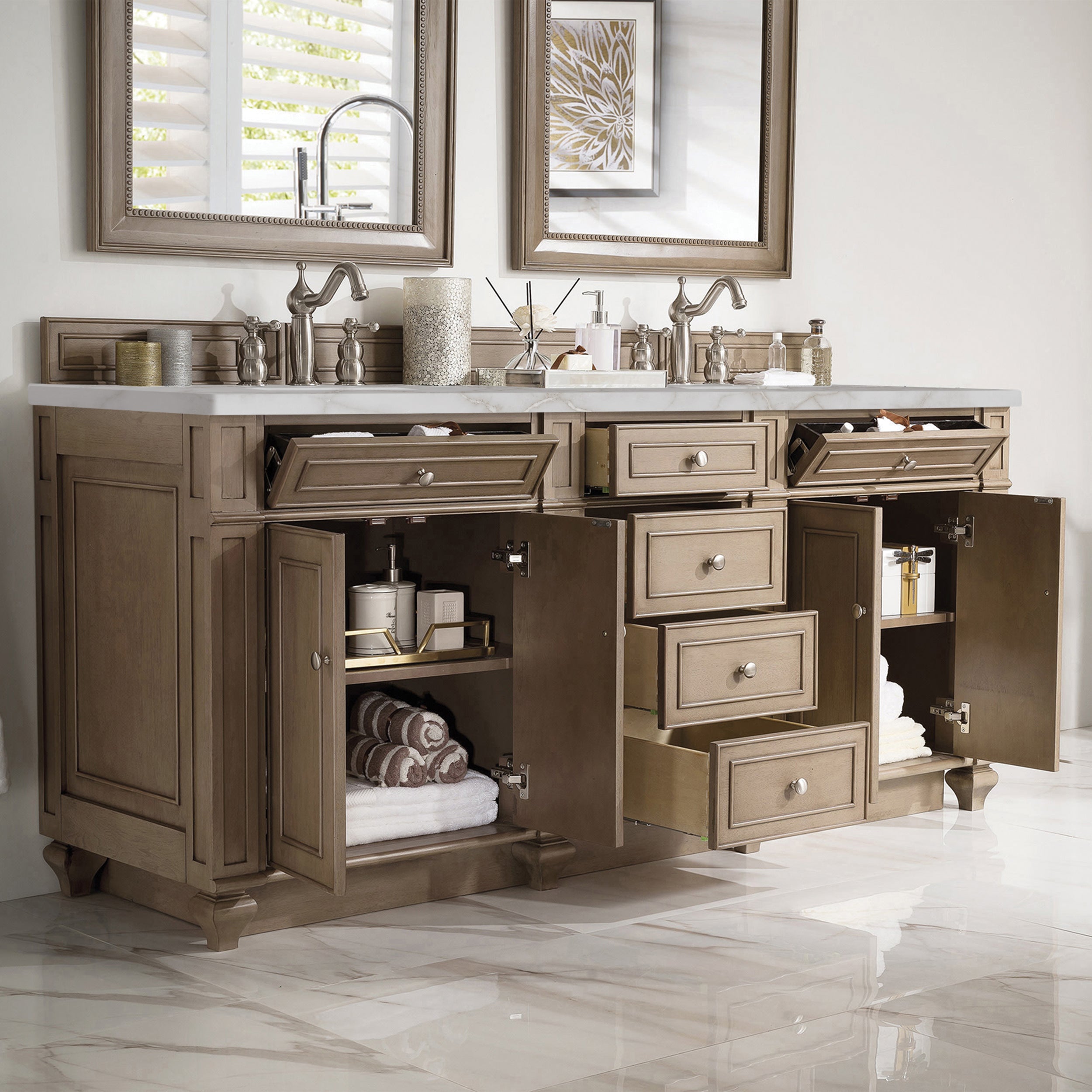 James Martin Bristol 72" Double Vanity in Whitewashed Walnut with 3cm Countertop