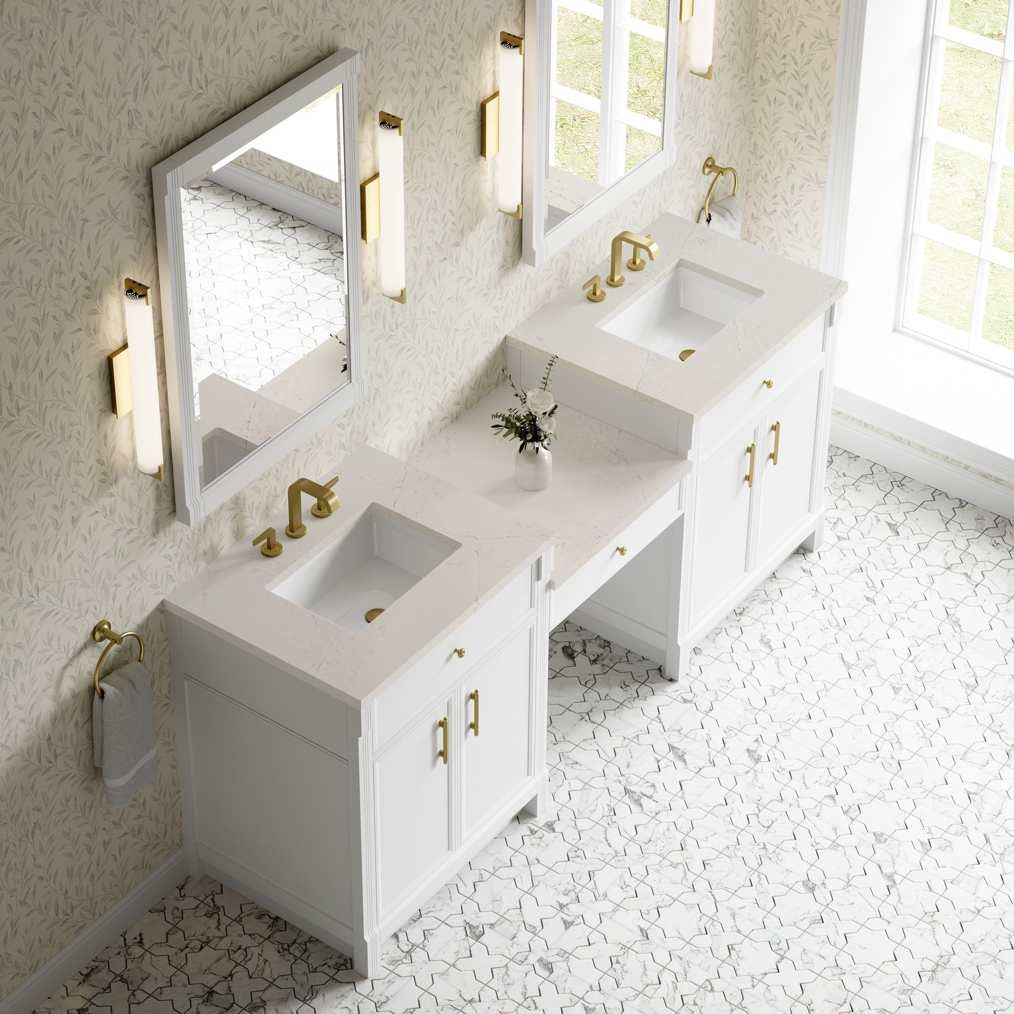 James Martin Bellshire 84" Dual Vanity Set with 24" Make-Up Counter in Bright White with 3cm Countertop