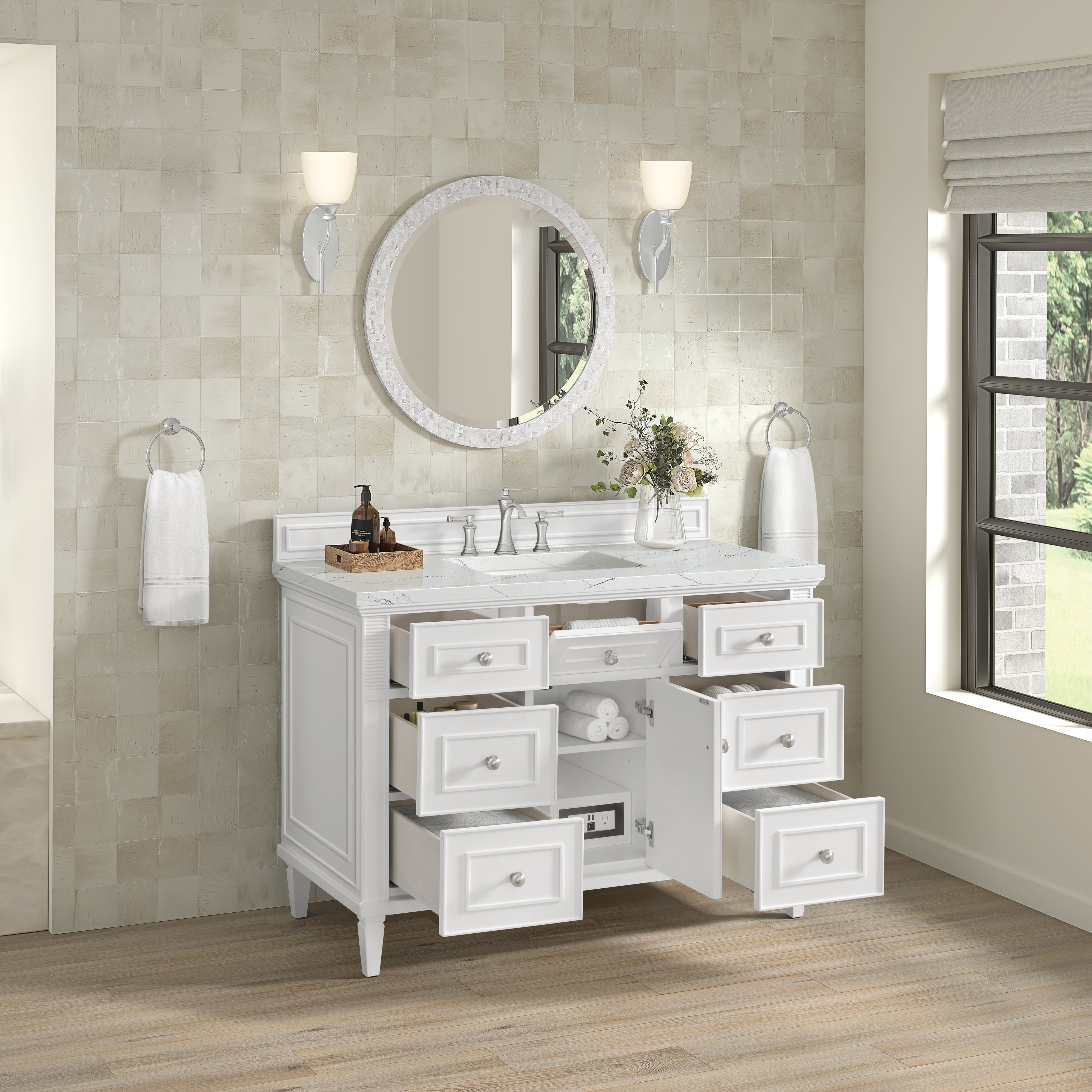 James Martin Lorelai 48" Single Vanity in Bright White with 3cm Countertop and FreePower Wireless Charger