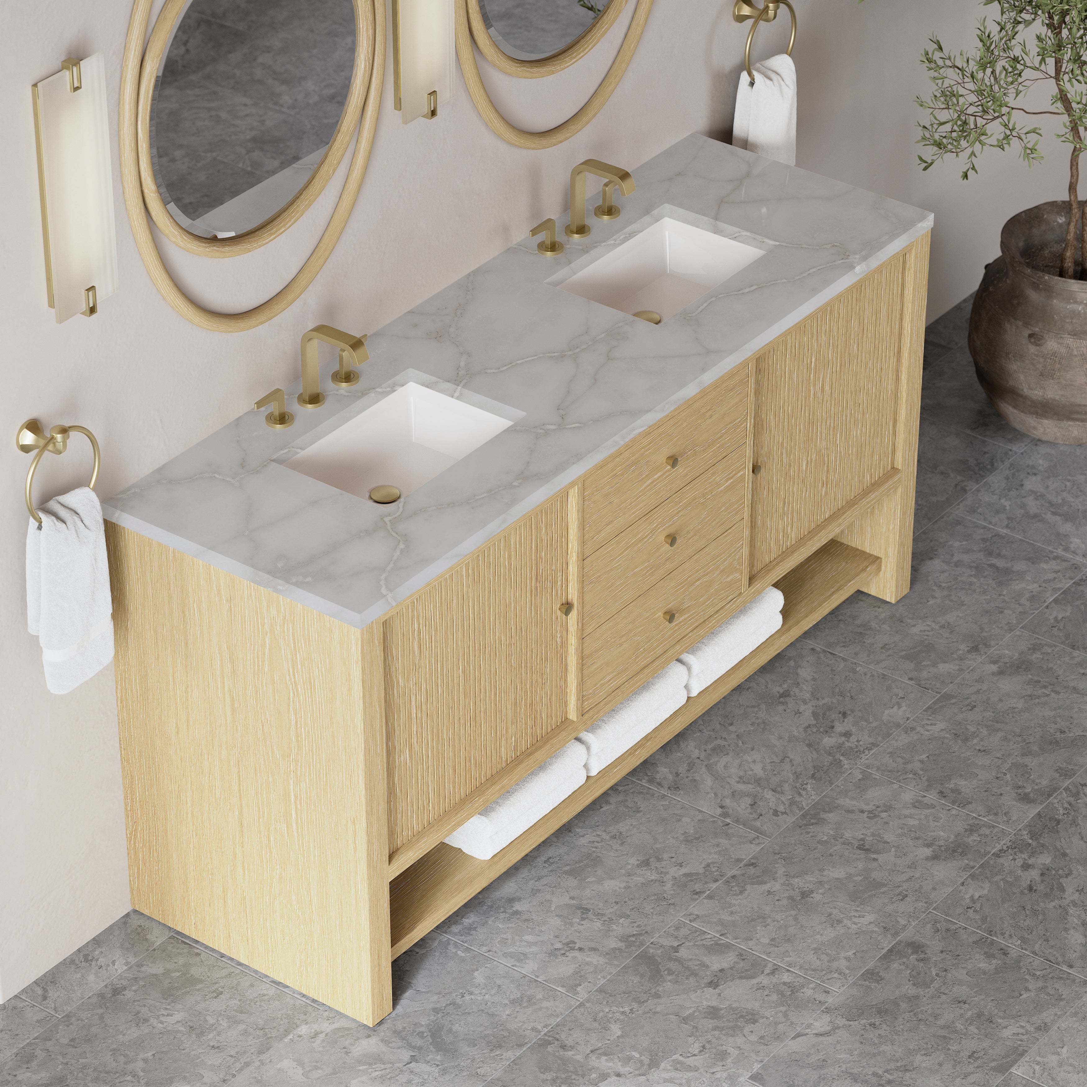 James Martin Marigot 72" Double Vanity in Sunwashed Oak with 3cm Countertop and FreePower Wireless Charger