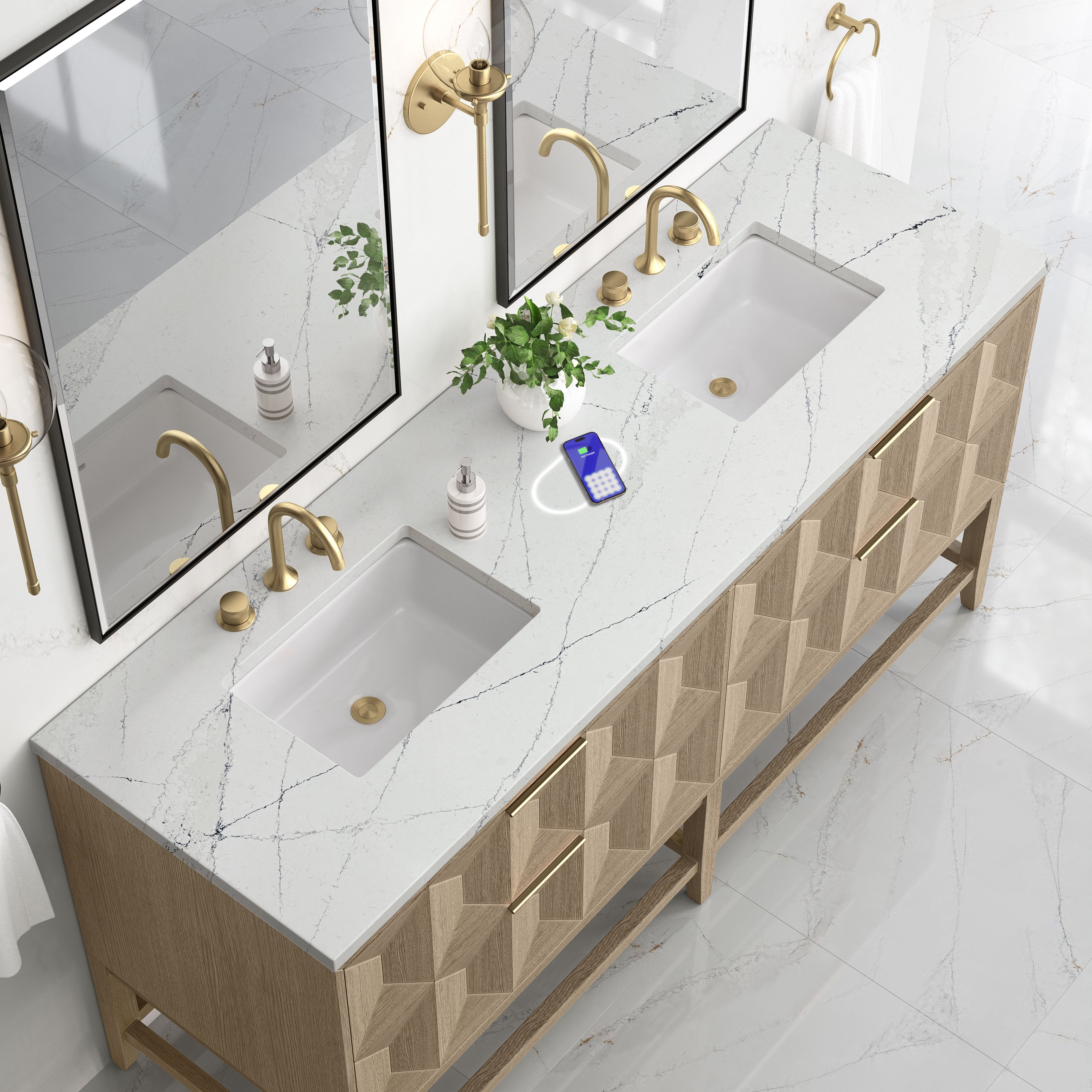 James Martin Emmeline 72" Double Vanity in Pebble Oak with 3cm Countertop and FreePower Wireless Charger