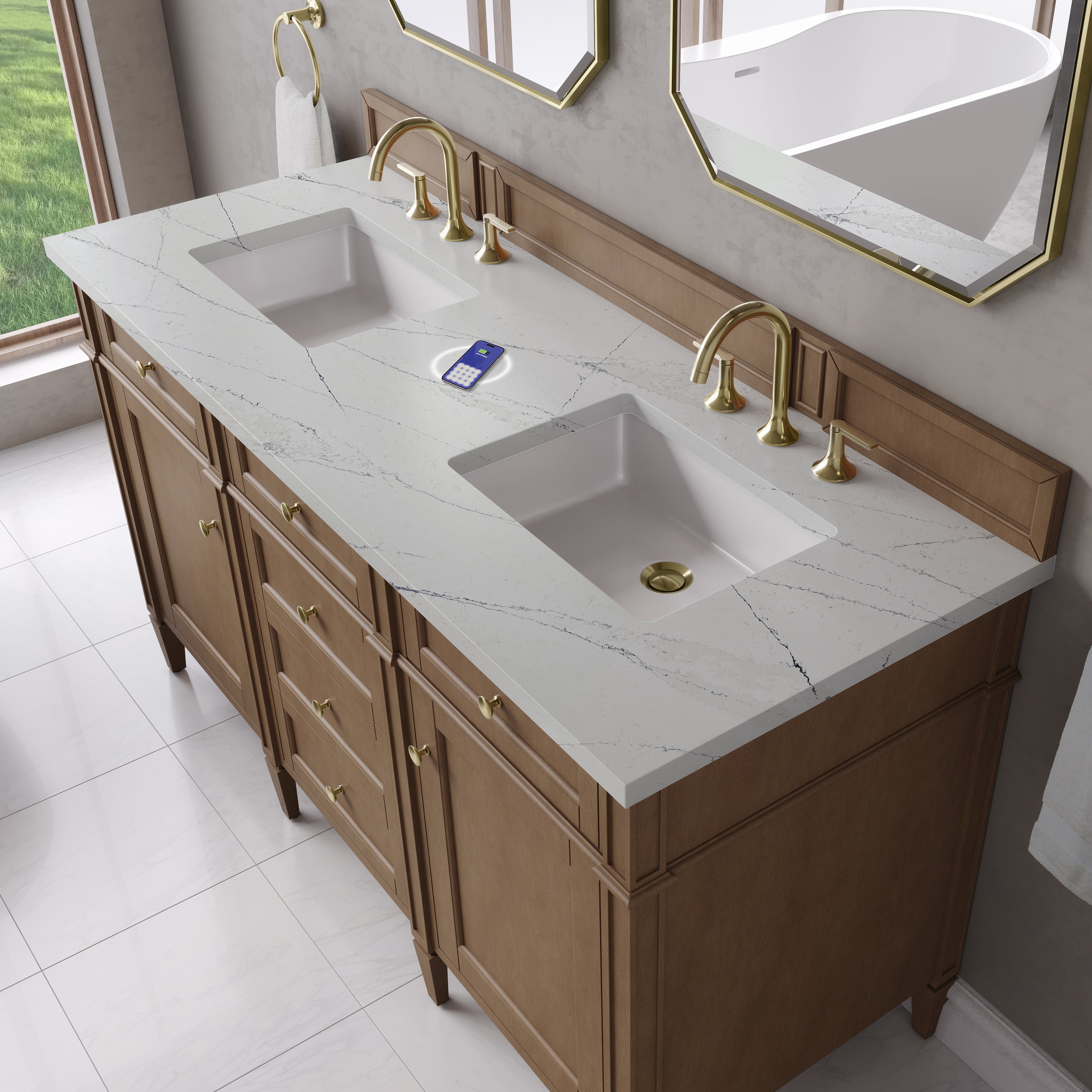 James Martin Brittany 60" Double Vanity in Pecan with 3cm Countertop and FreePower Wireless Charger