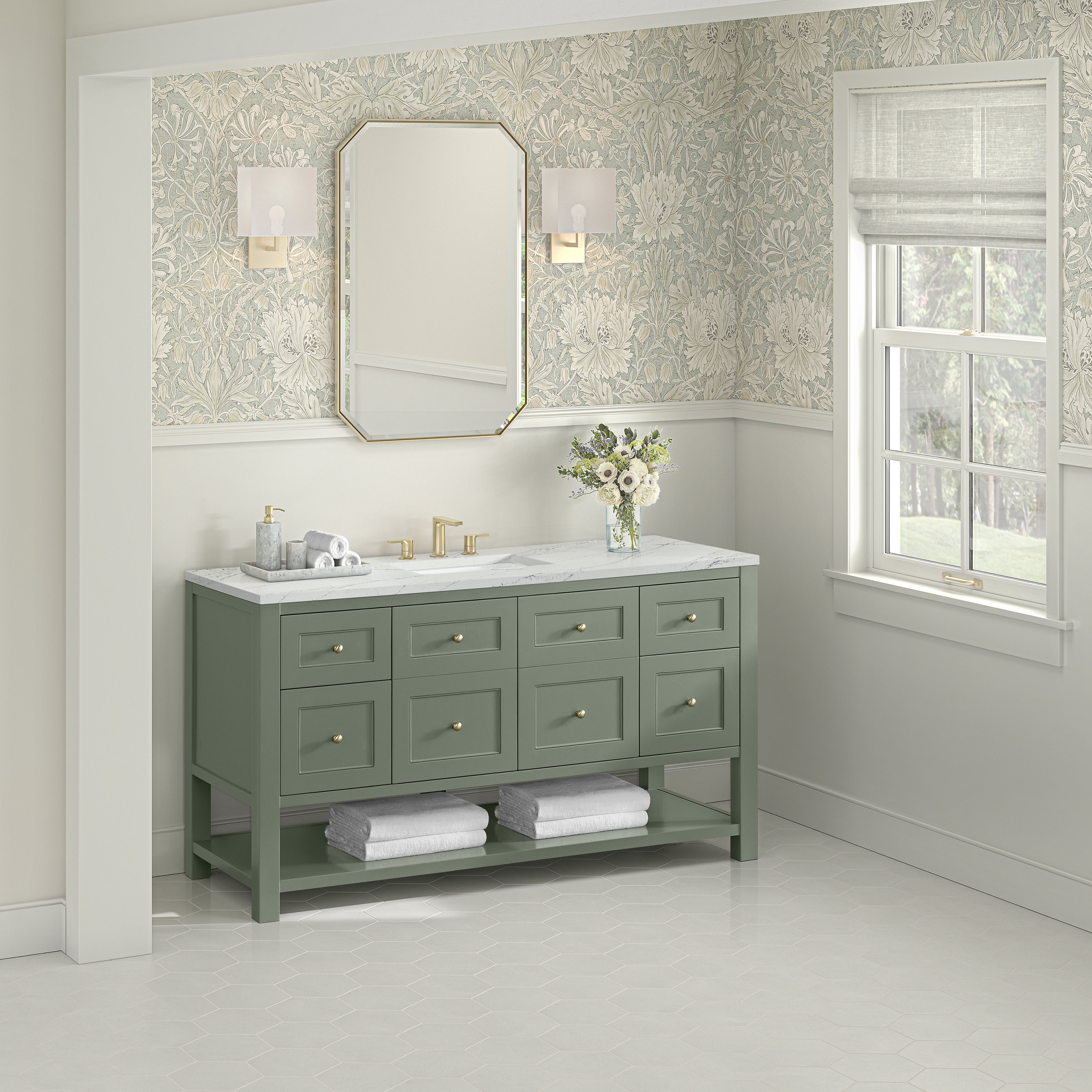 James Martin Breckenridge 60" Single Vanity in Smokey Celadon with 3cm Countertop and FreePower Wireless Charger