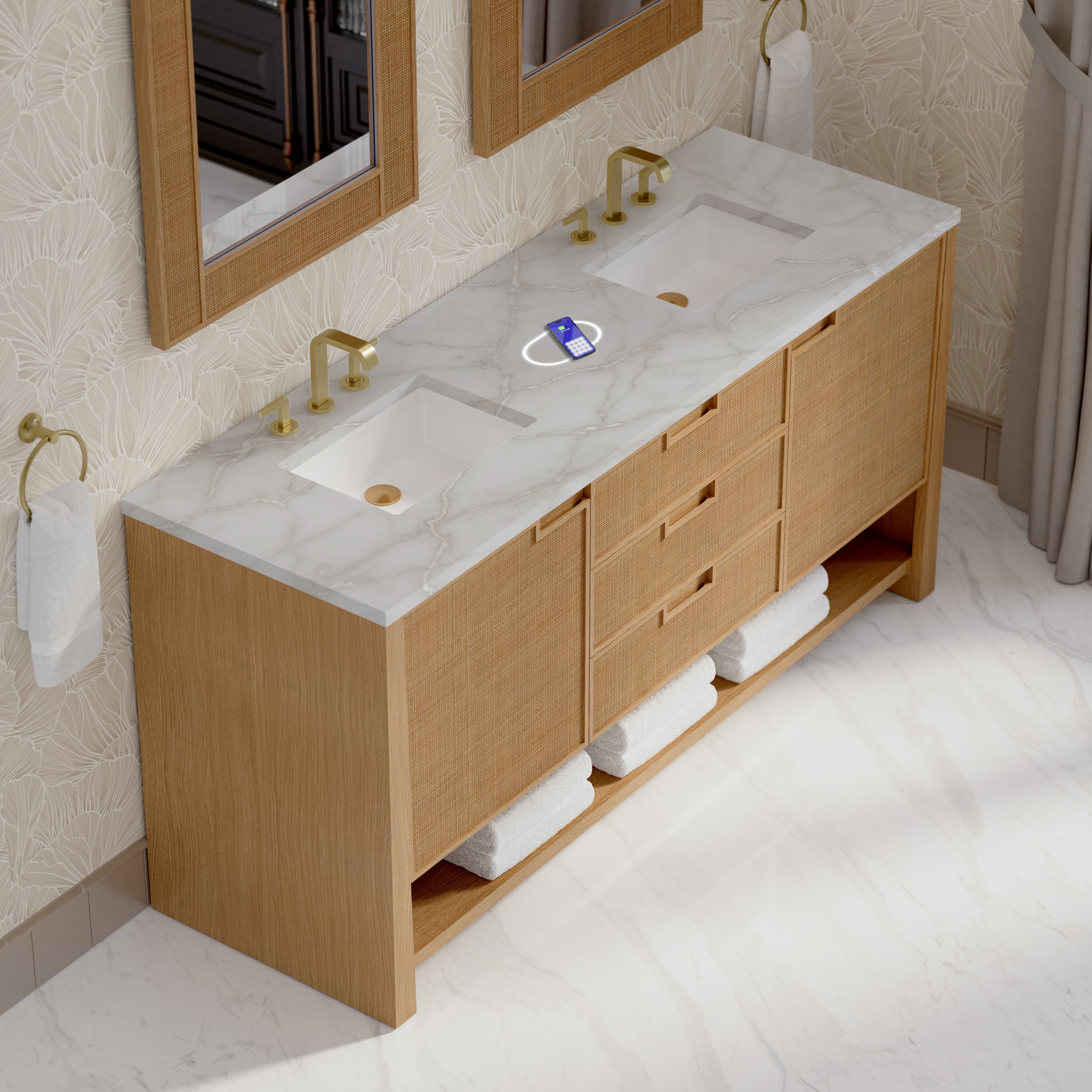 James Martin Solene 72" Double Vanity in Seaside Oak with 3cm Countertop and FreePower Wireless Charger
