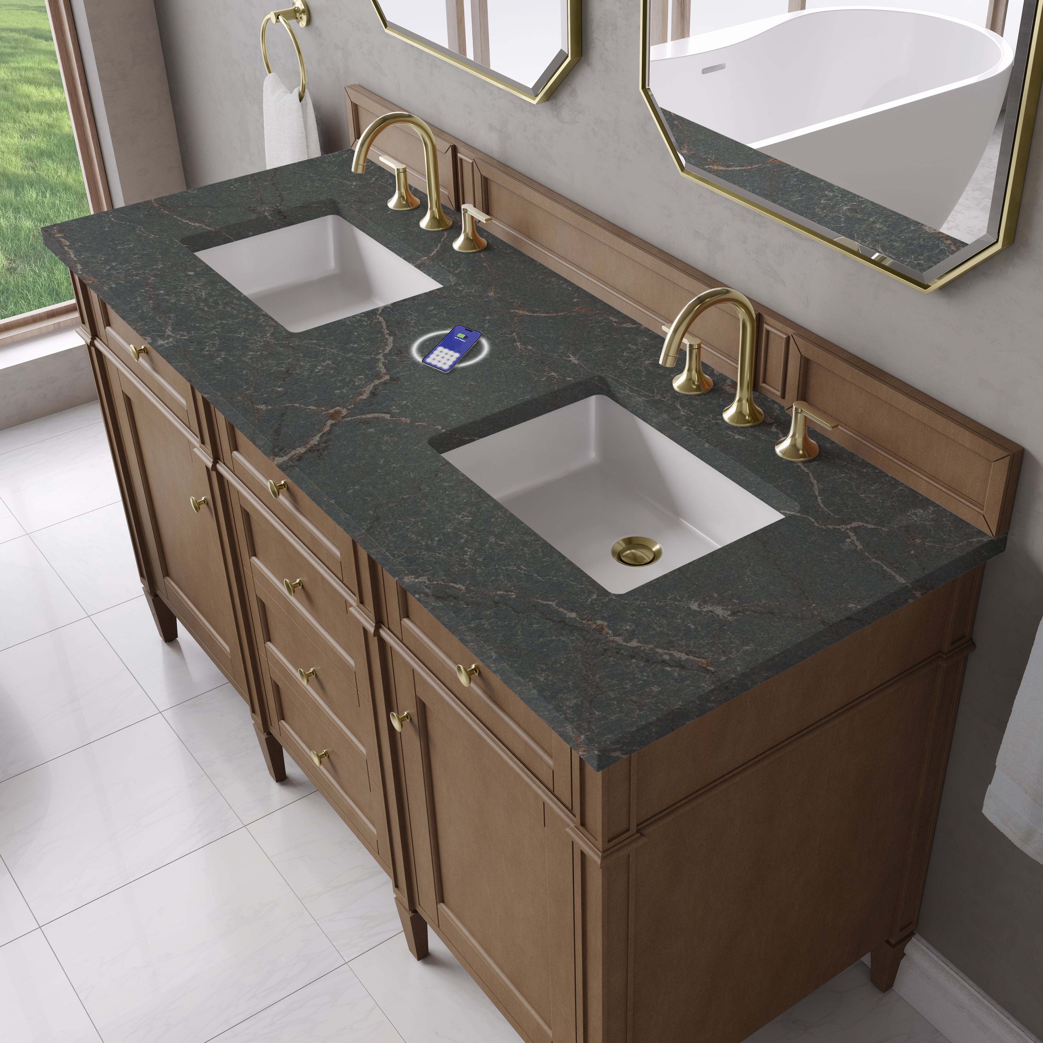 James Martin Brittany 60" Double Vanity in Pecan with 3cm Countertop and FreePower Wireless Charger