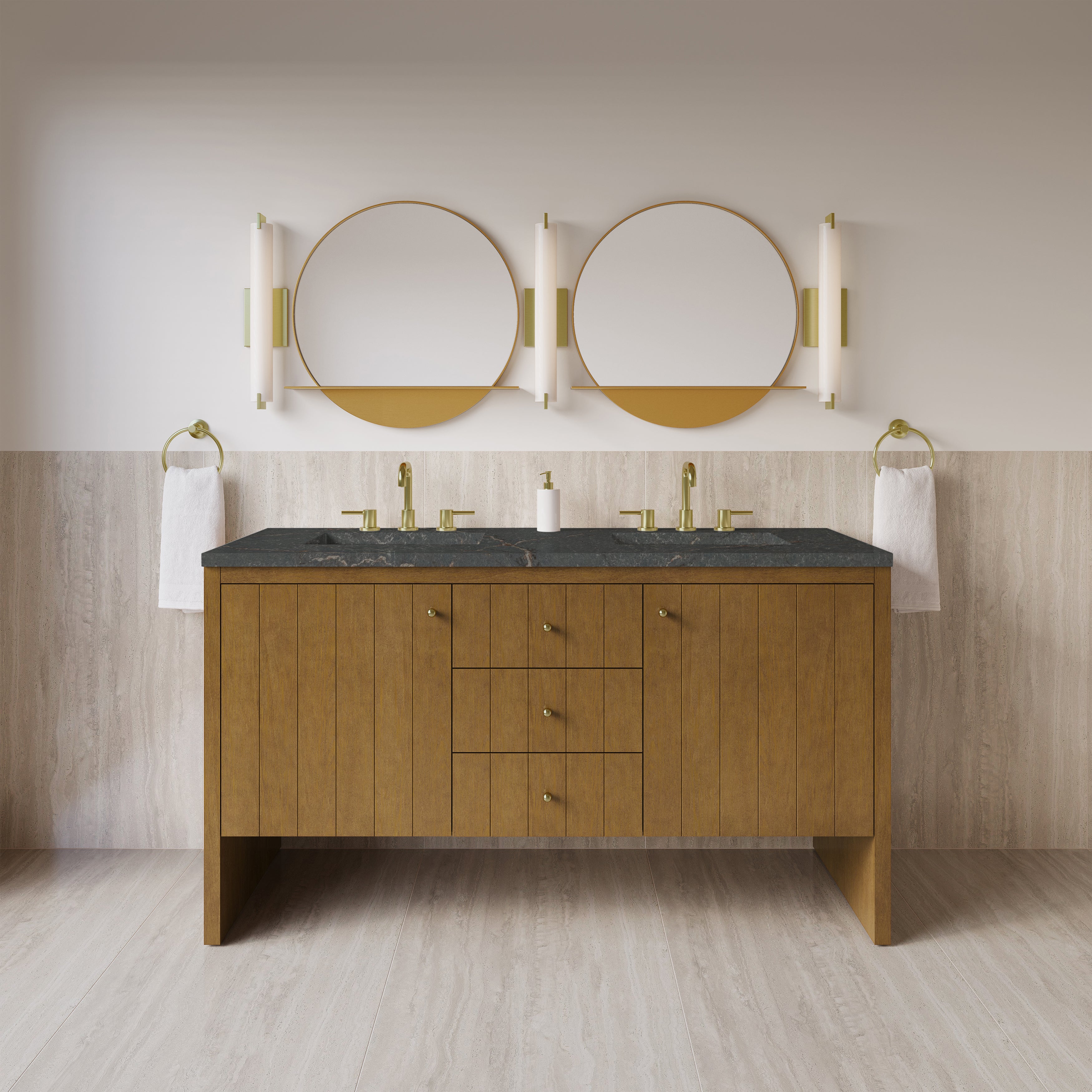 James Martin Hudson 60" Double Vanity in Honey Oak with 3cm Countertop and FreePower Wireless Charger
