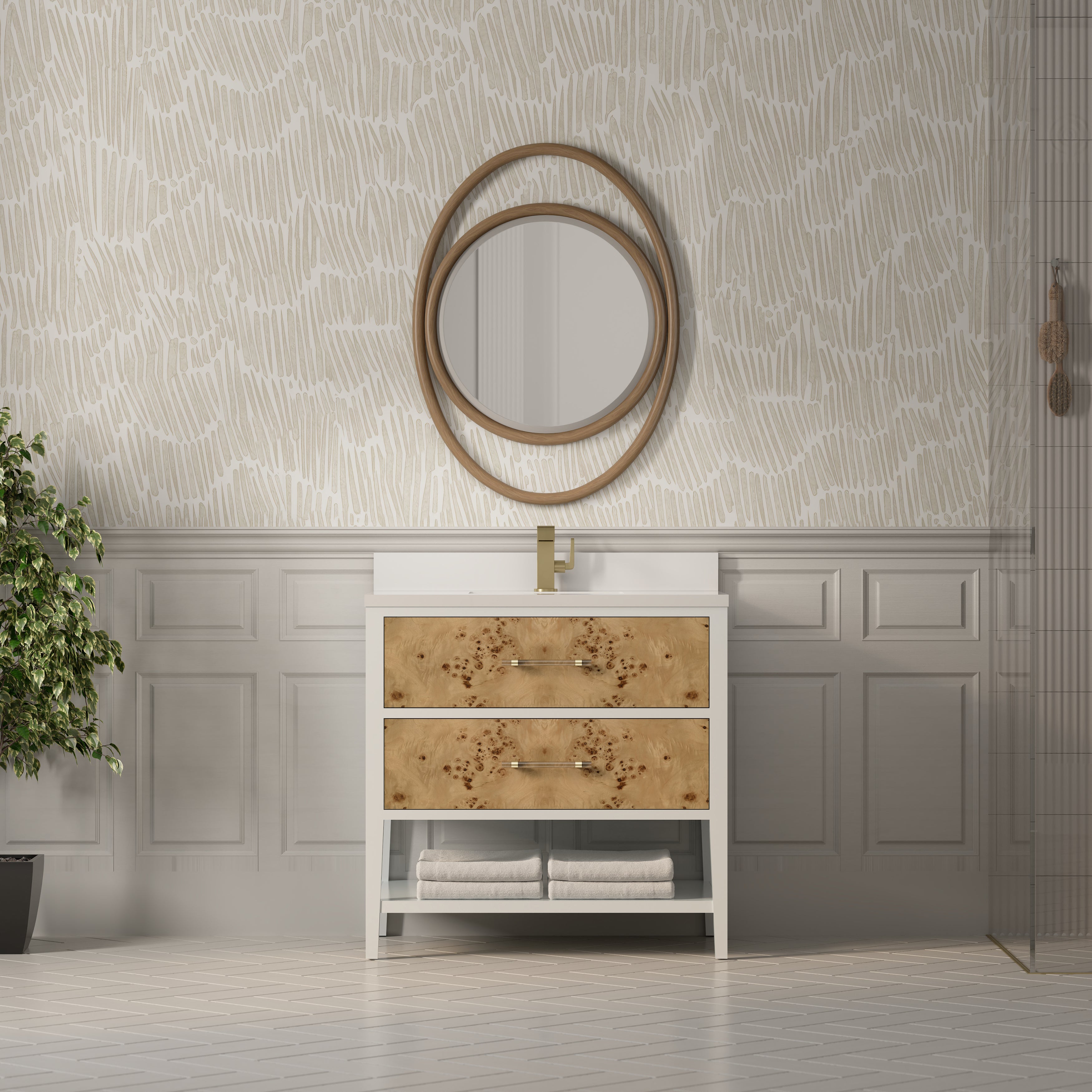 James Martin Olena 36" Single Vanity in Light Mappa Burl and Polished White with 3cm Countertop
