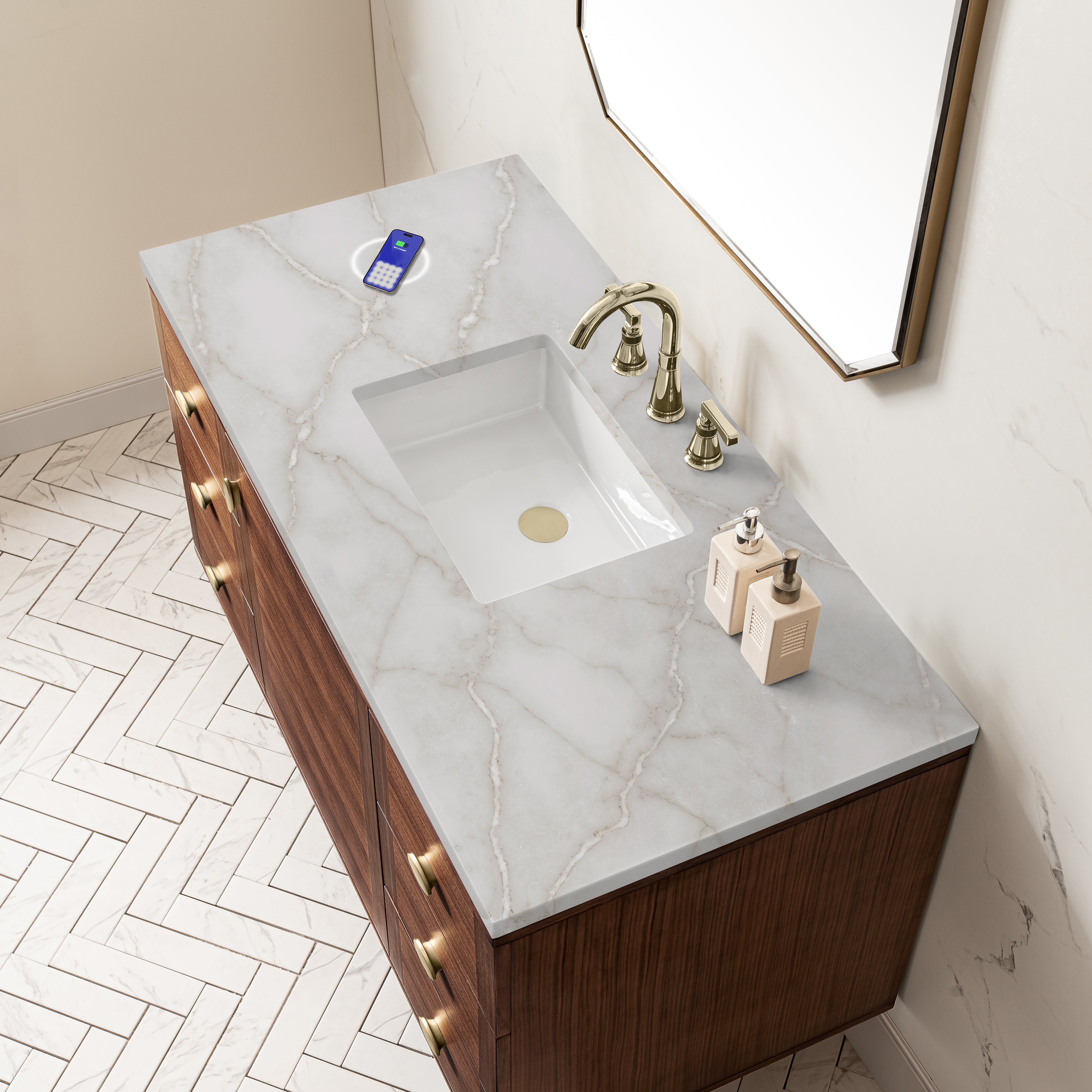 James Martin Amberly 48" Single Vanity in Mid-Century Walnut with 3cm Countertop and FreePower Wireless Charger