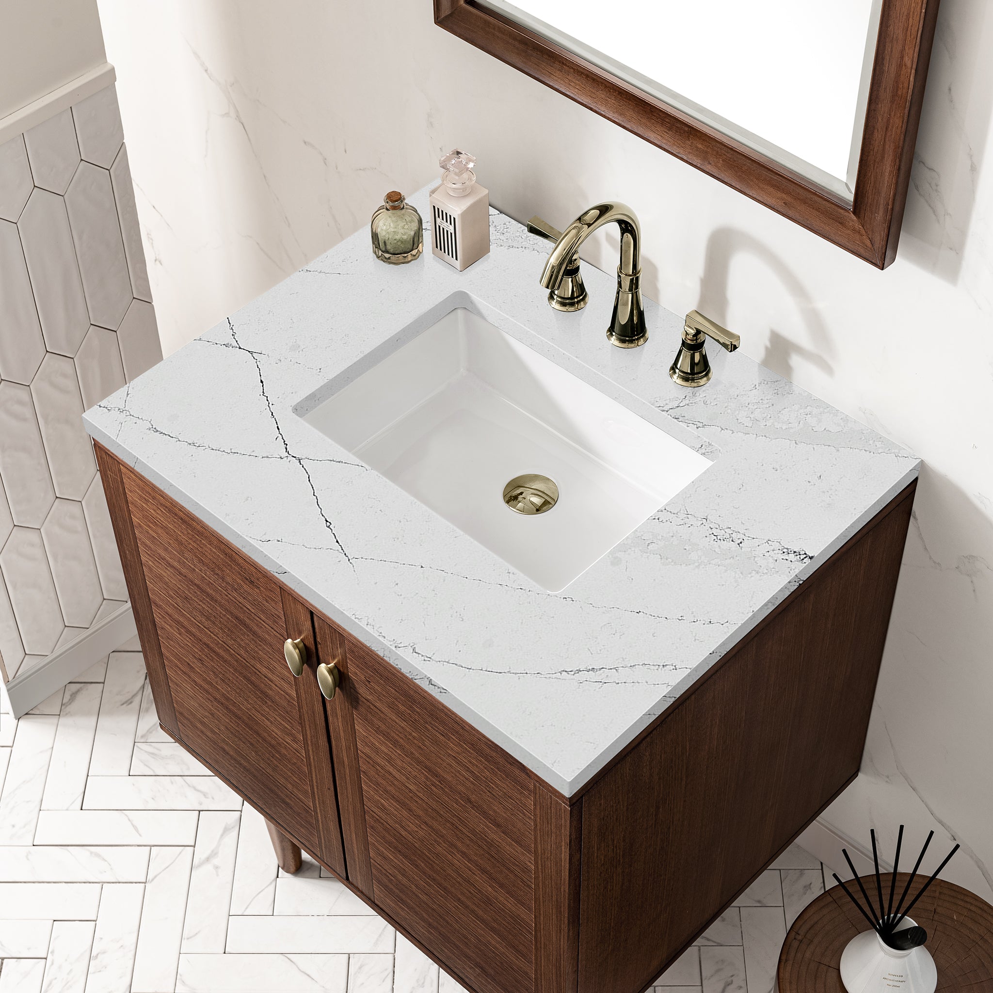 James Martin Amberly 30" Single Vanity in Mid-Century Walnut with 3cm Countertop