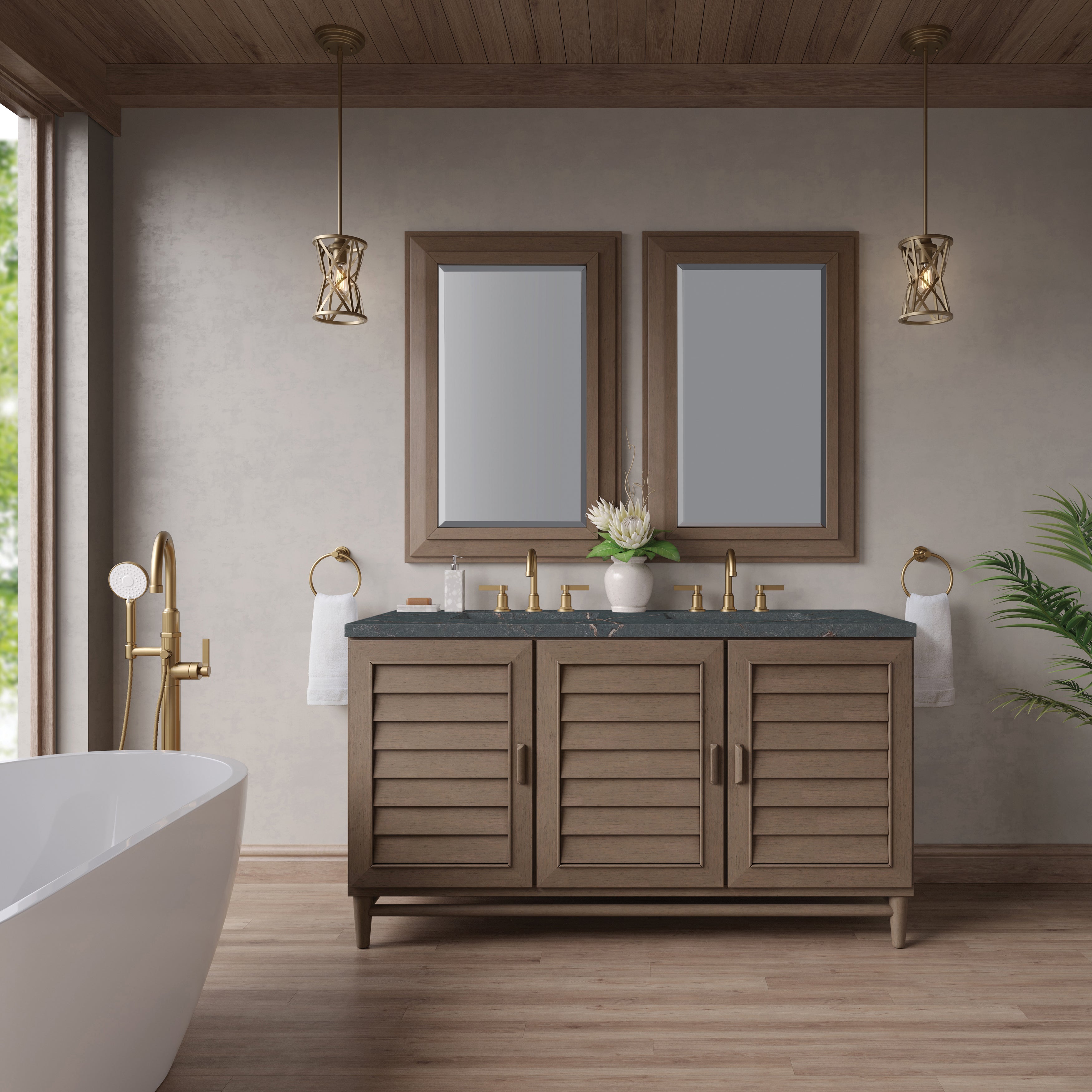 James Martin Portland 60" Double Vanity in Whitewashed Walnut with 3cm Countertop