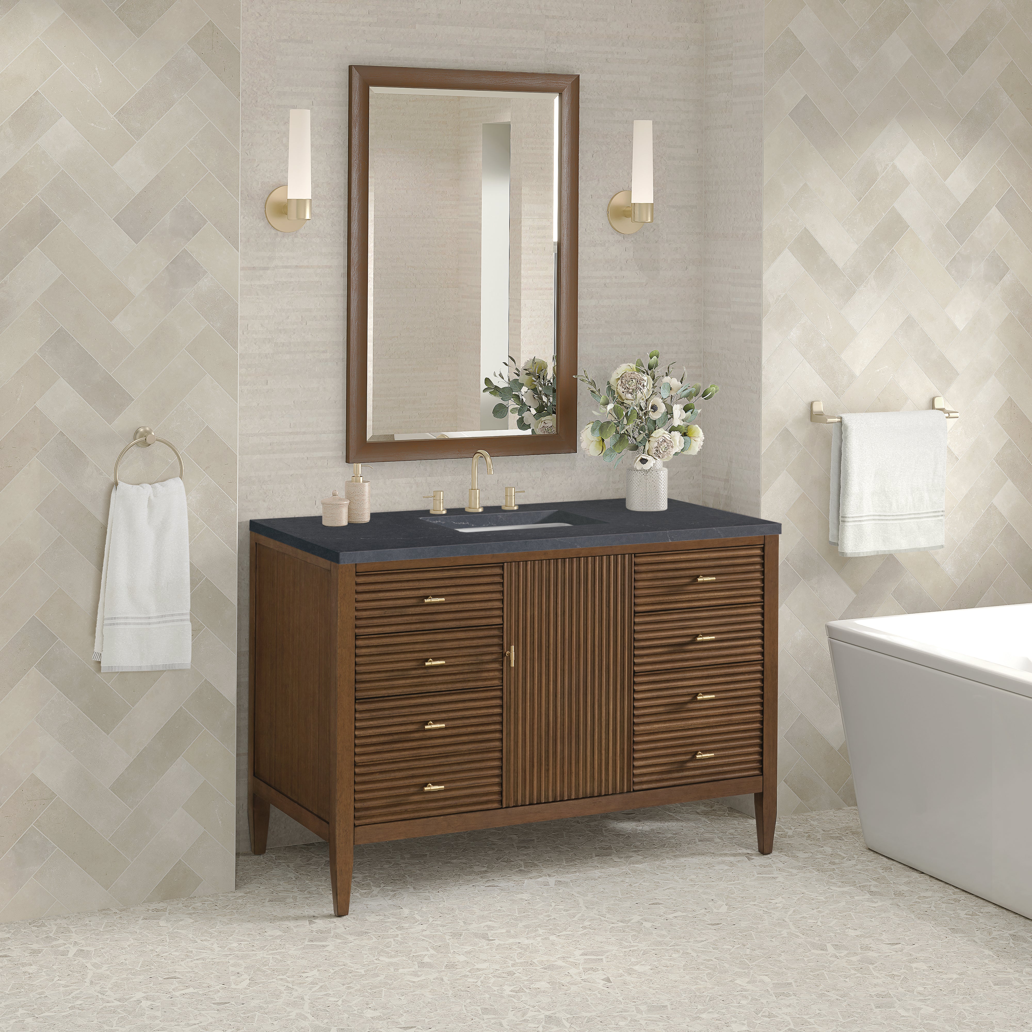 James Martin Myrrin 48" Single Vanity in Mid Century Walnut with 3cm Countertop