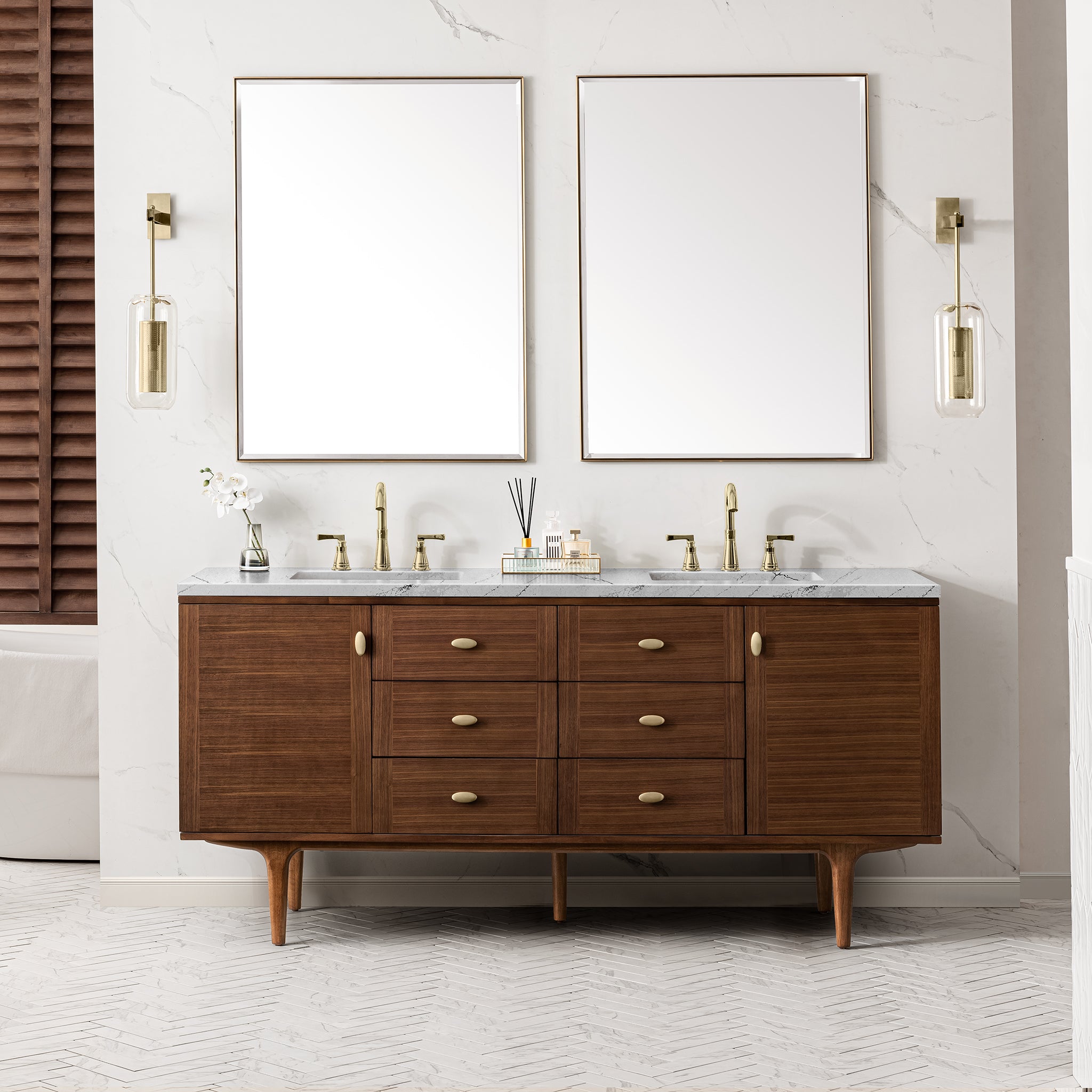 James Martin Amberly 72" Double Vanity in Mid-Century Walnut with 3cm Countertop and FreePower Wireless Charger