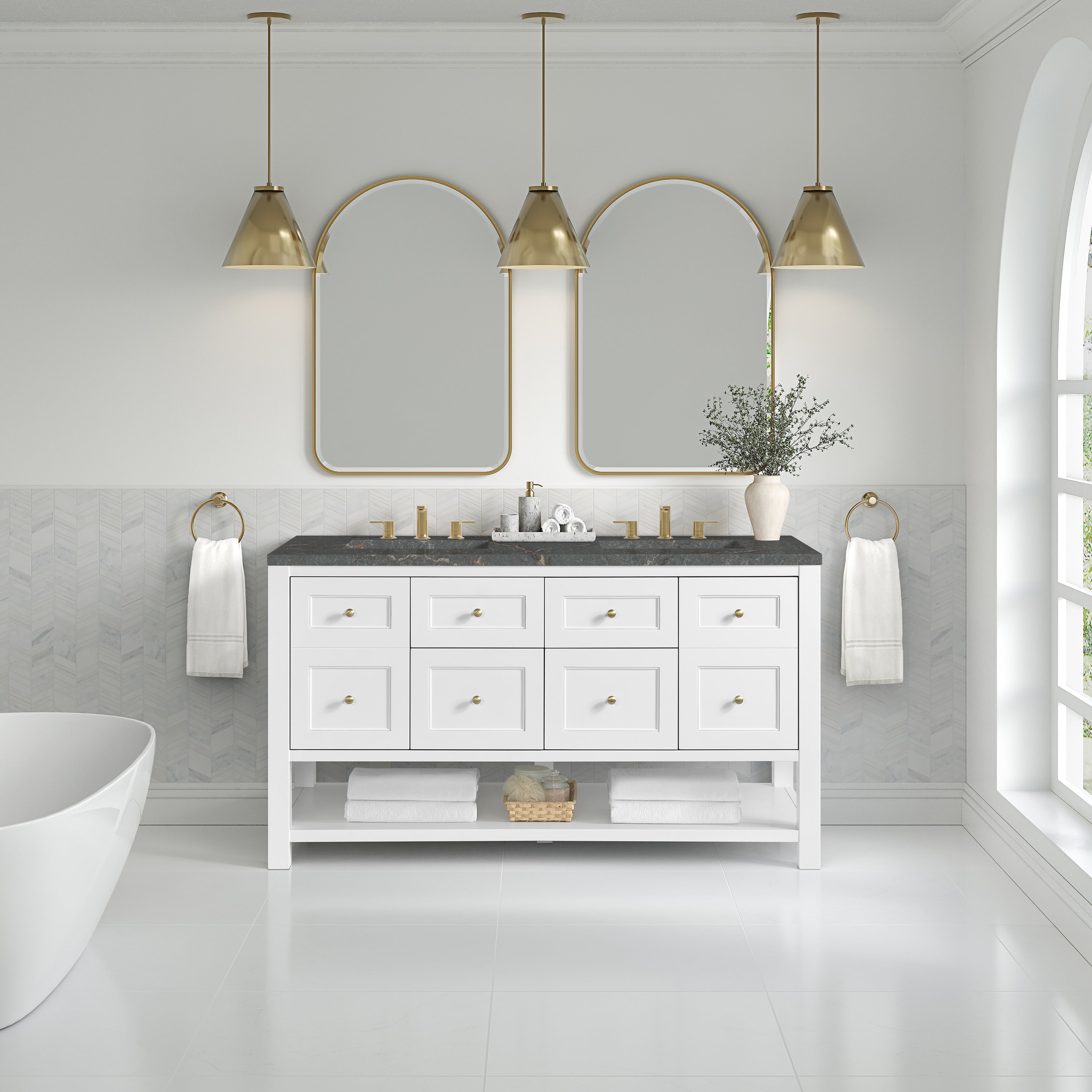 James Martin Breckenridge 60" Double Vanity in Bright White with 3cm Countertop and FreePower Wireless Charger