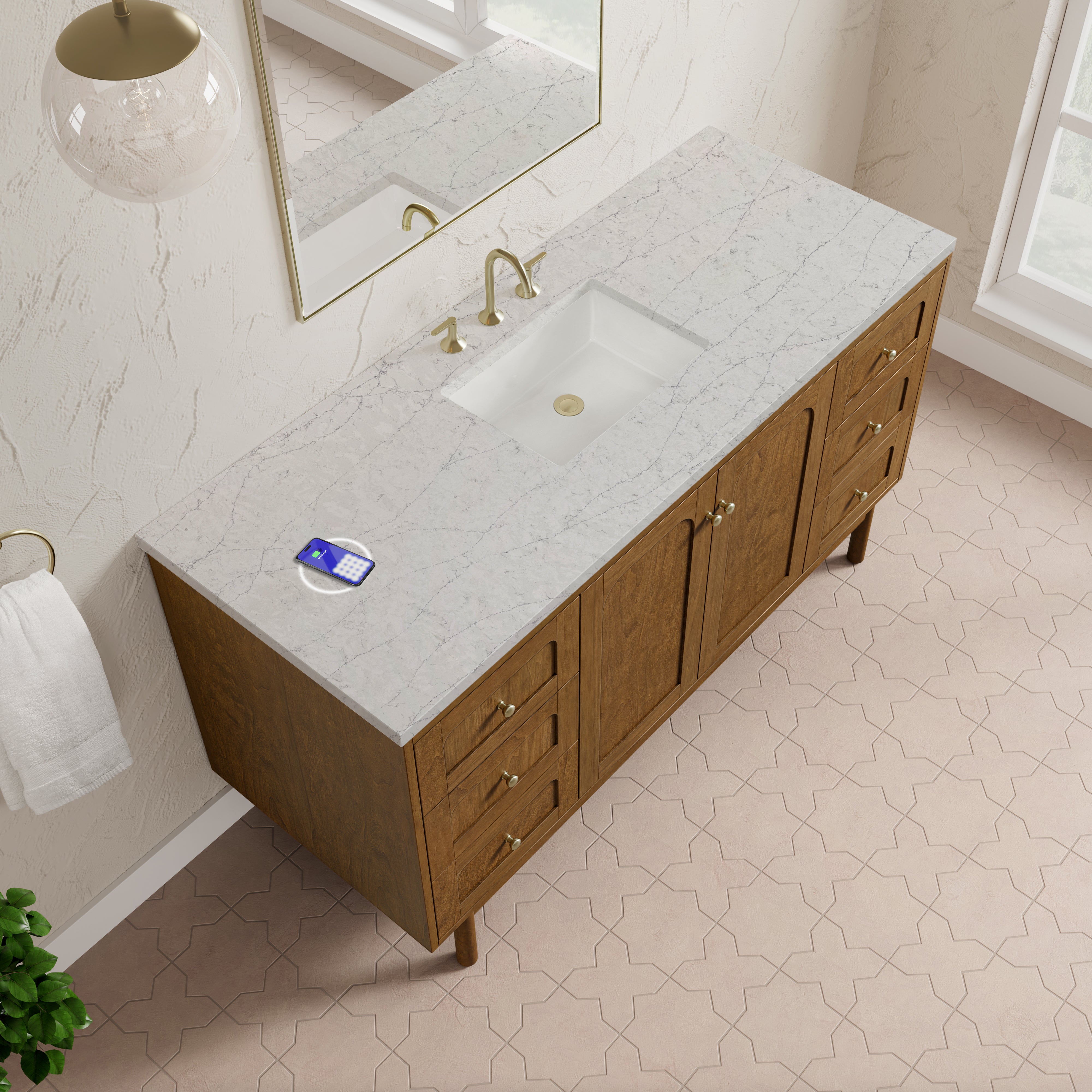 James Martin Laurent 60" Single Vanity in Honey Oak with 3cm Countertop and FreePower Wireless Charger