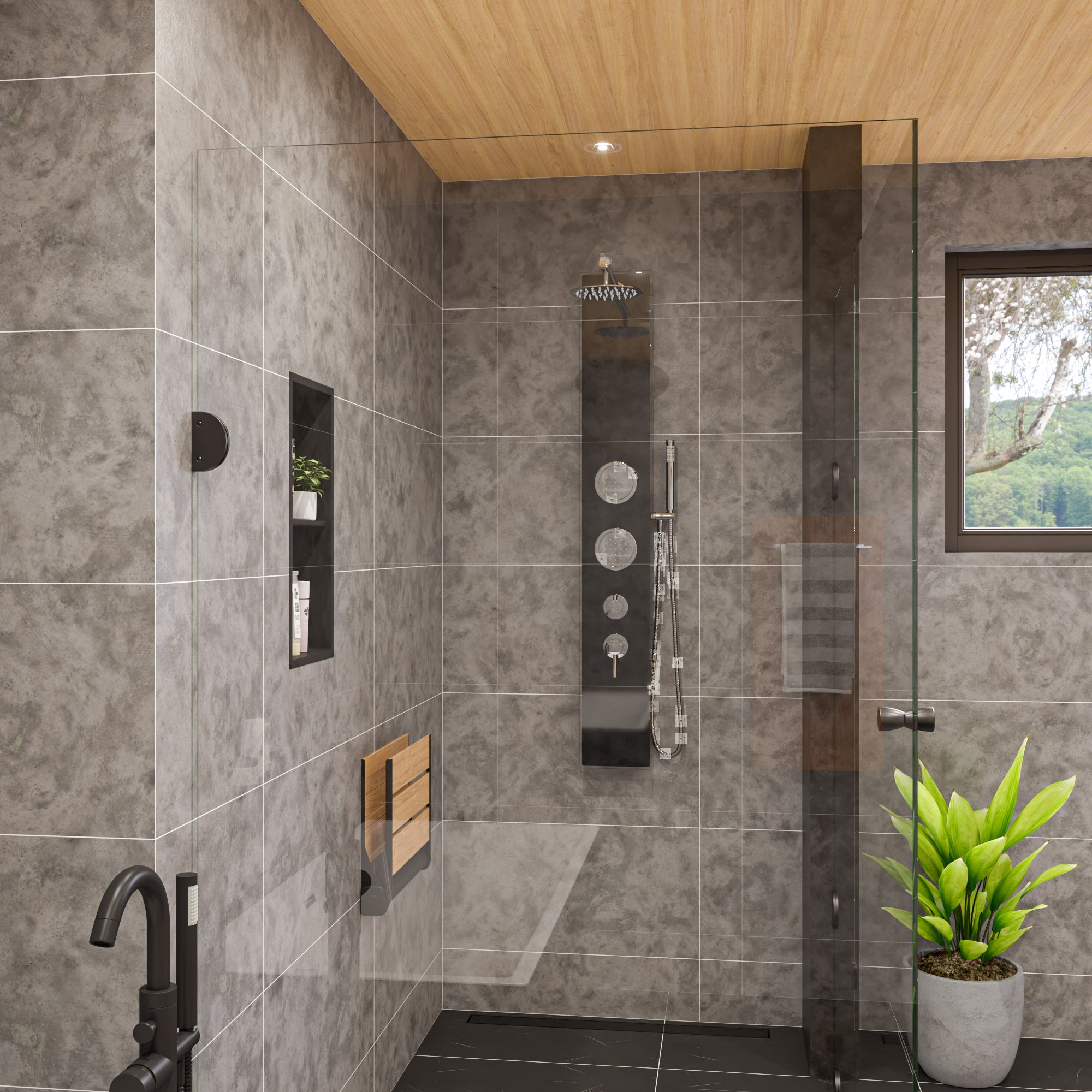 ALFI brand  ABSP55B Black Glass Shower Panel with 2 Body Sprays and Rain Shower Head