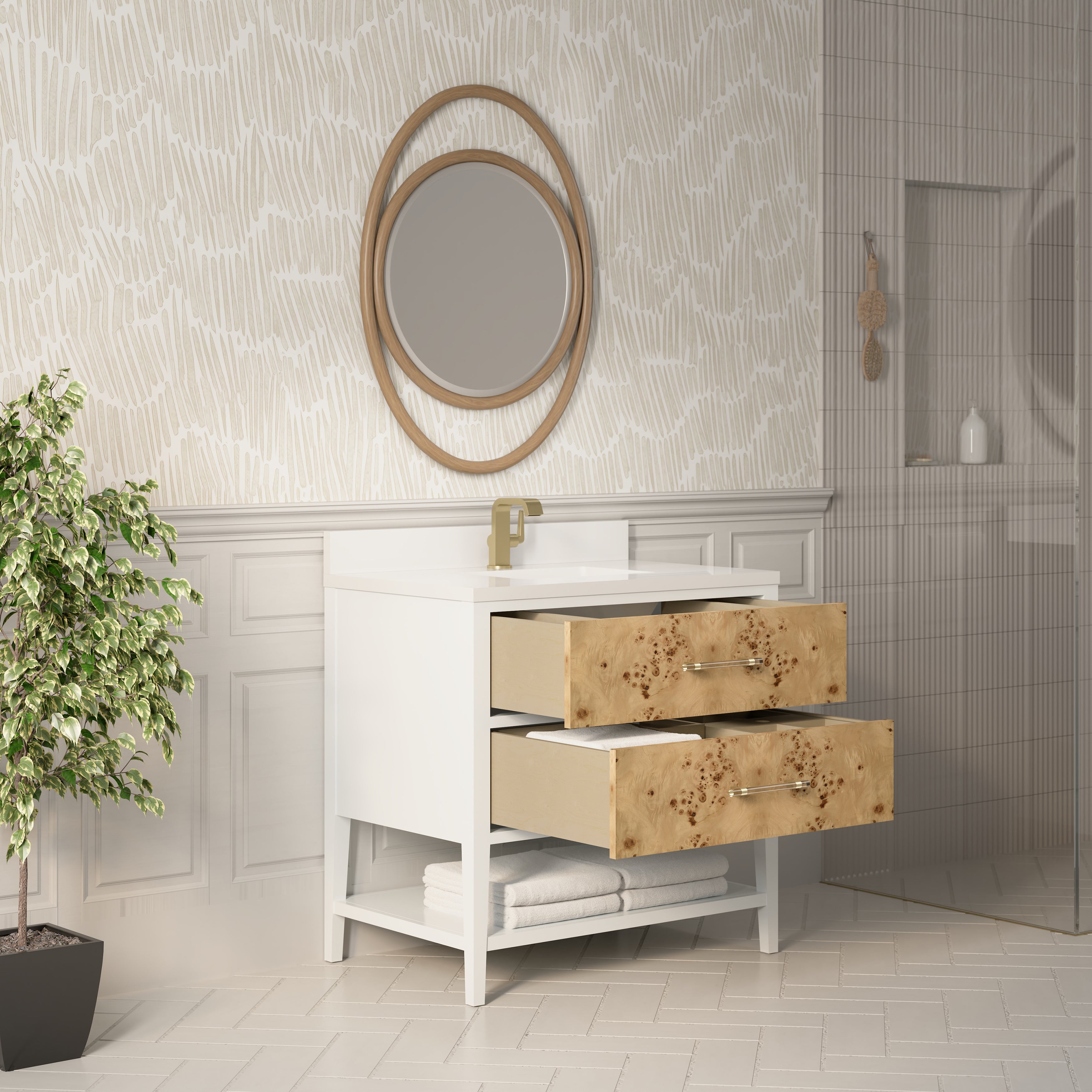 James Martin Olena 36" Single Vanity in Light Mappa Burl and Polished White with 3cm Countertop